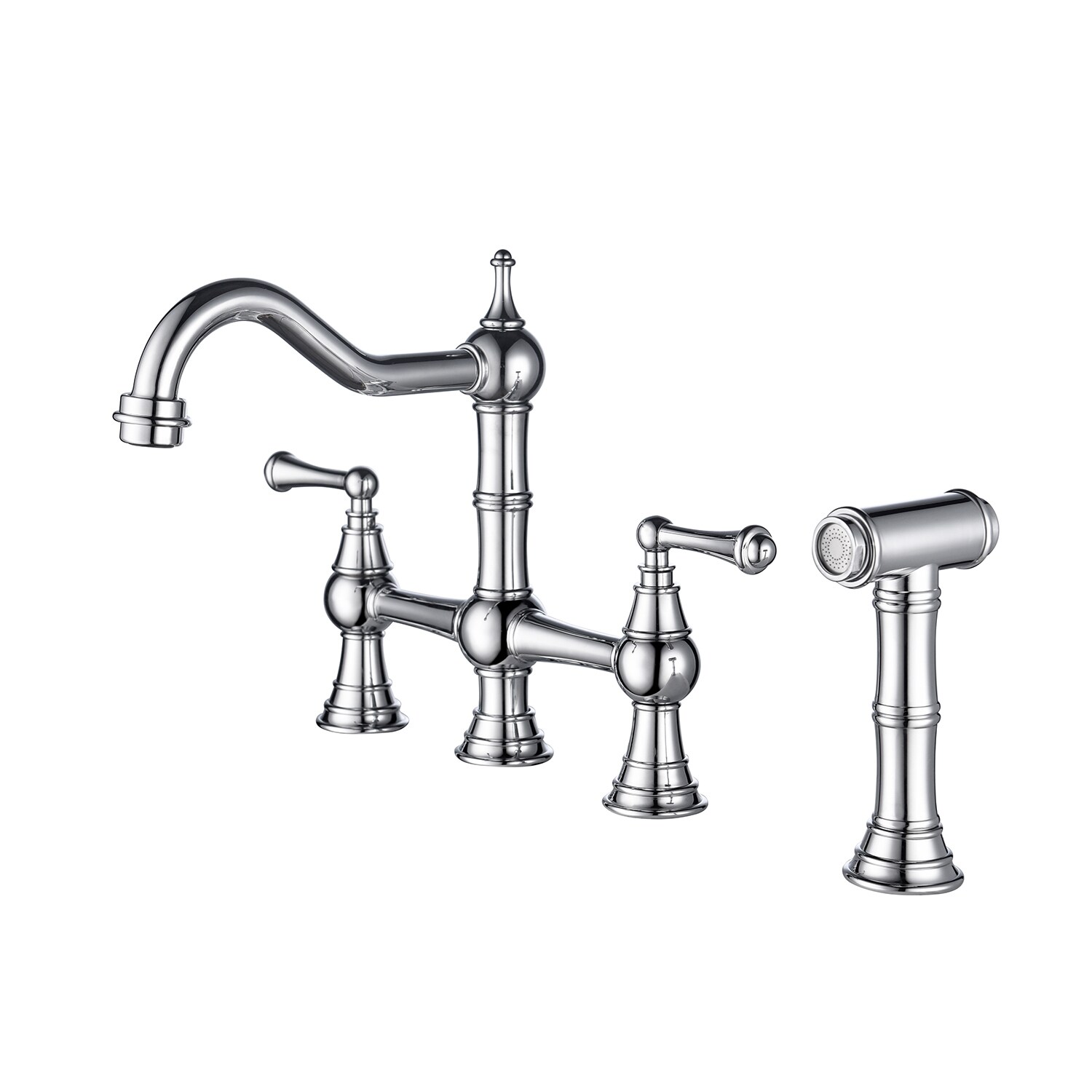 Mondawe OR-Q706CH-DG Chrome Double Handle Deck-mount Bridge Kitchen Faucet ( Side Sprayer Included )