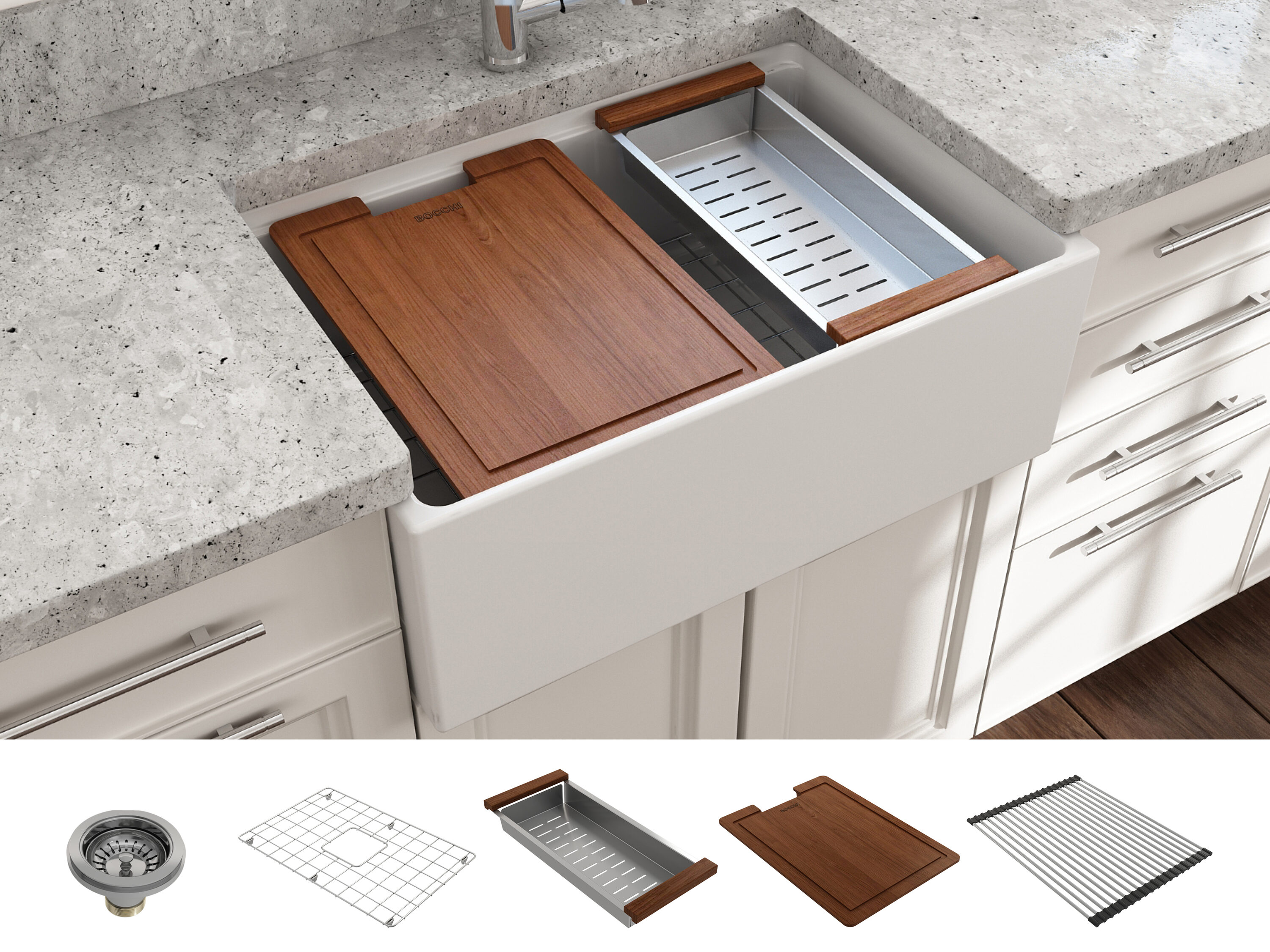 BOCCHI 1628-002-0120 Farmhouse apron front 27-Inches x 19-Inches Fireclay Single bowl Workstation Kitchen Sink