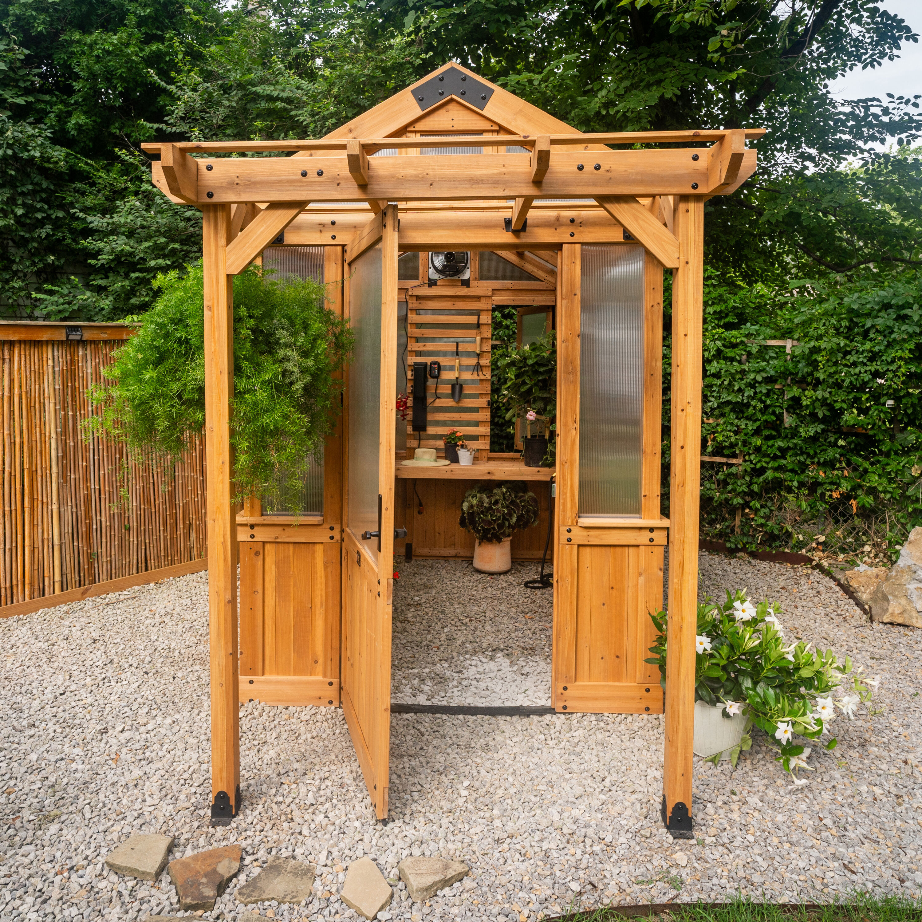 Bellerose Cedar Wood and Polycarbonate Walk-In Greenhouse with Pergola