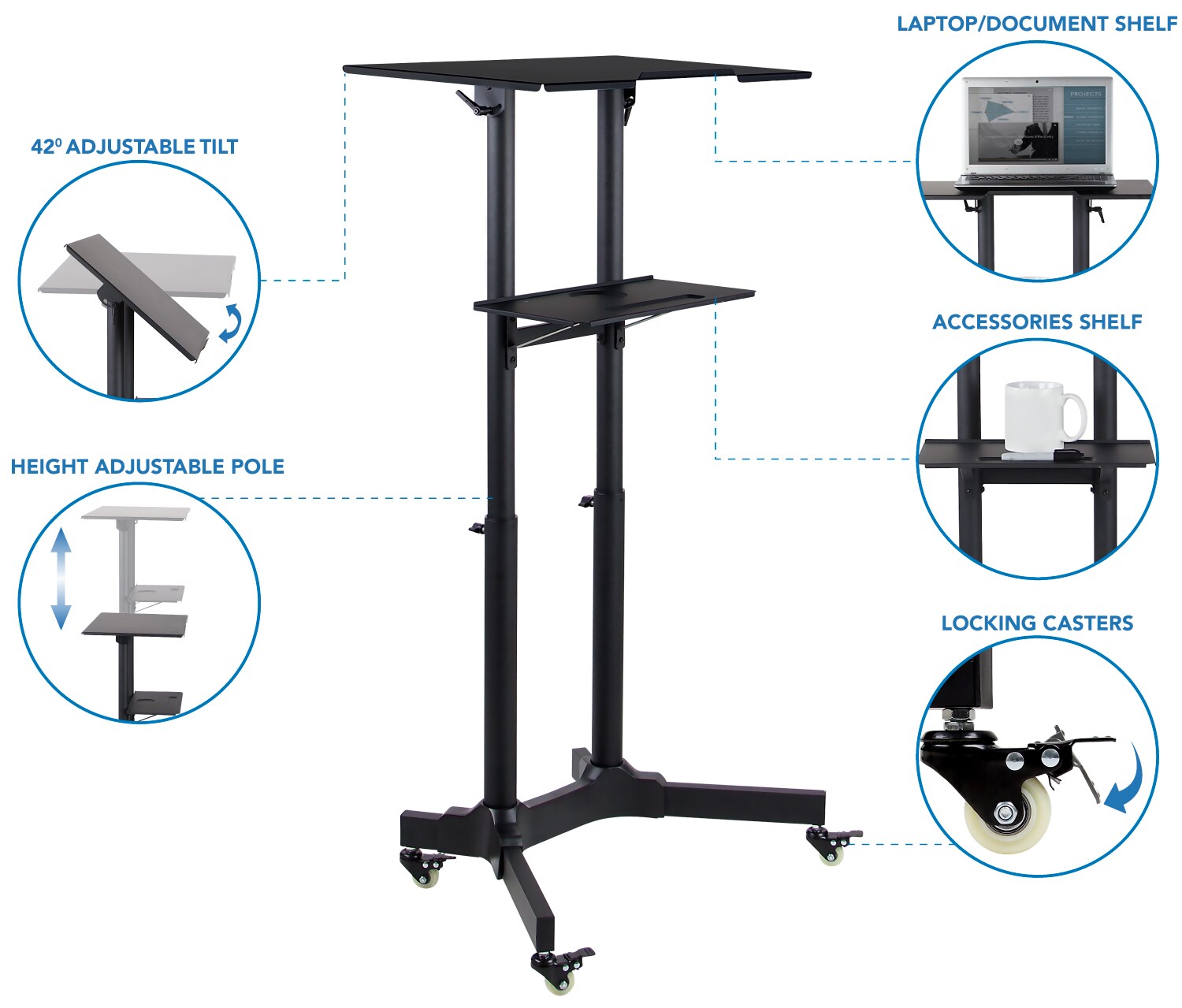 Black Aluminum Adjustable Mobile Standing Desk with Casters