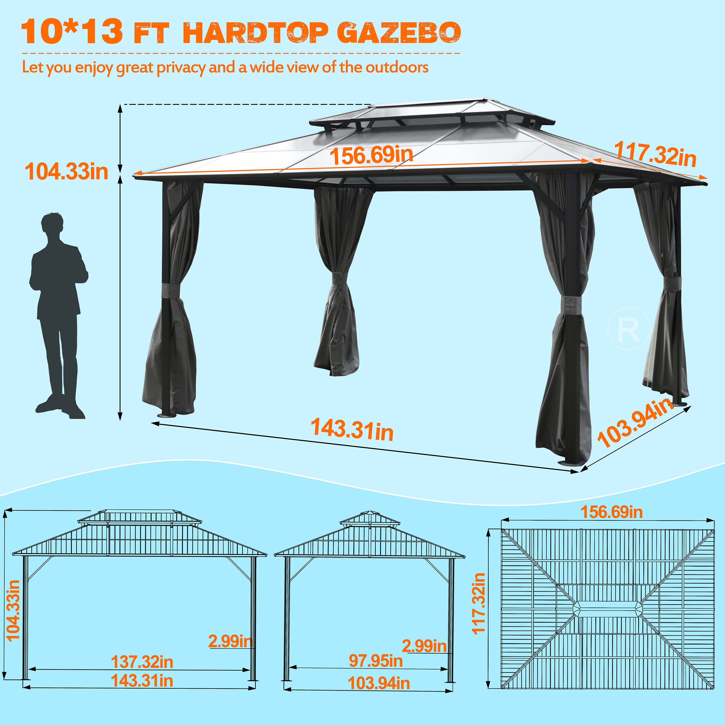 VEIKOUS 13-ft x 10-ft Rectangle Gray Metal Polycarbonate Roof Gazebo with  Screen Included in the Gazebos department at Lowes.com