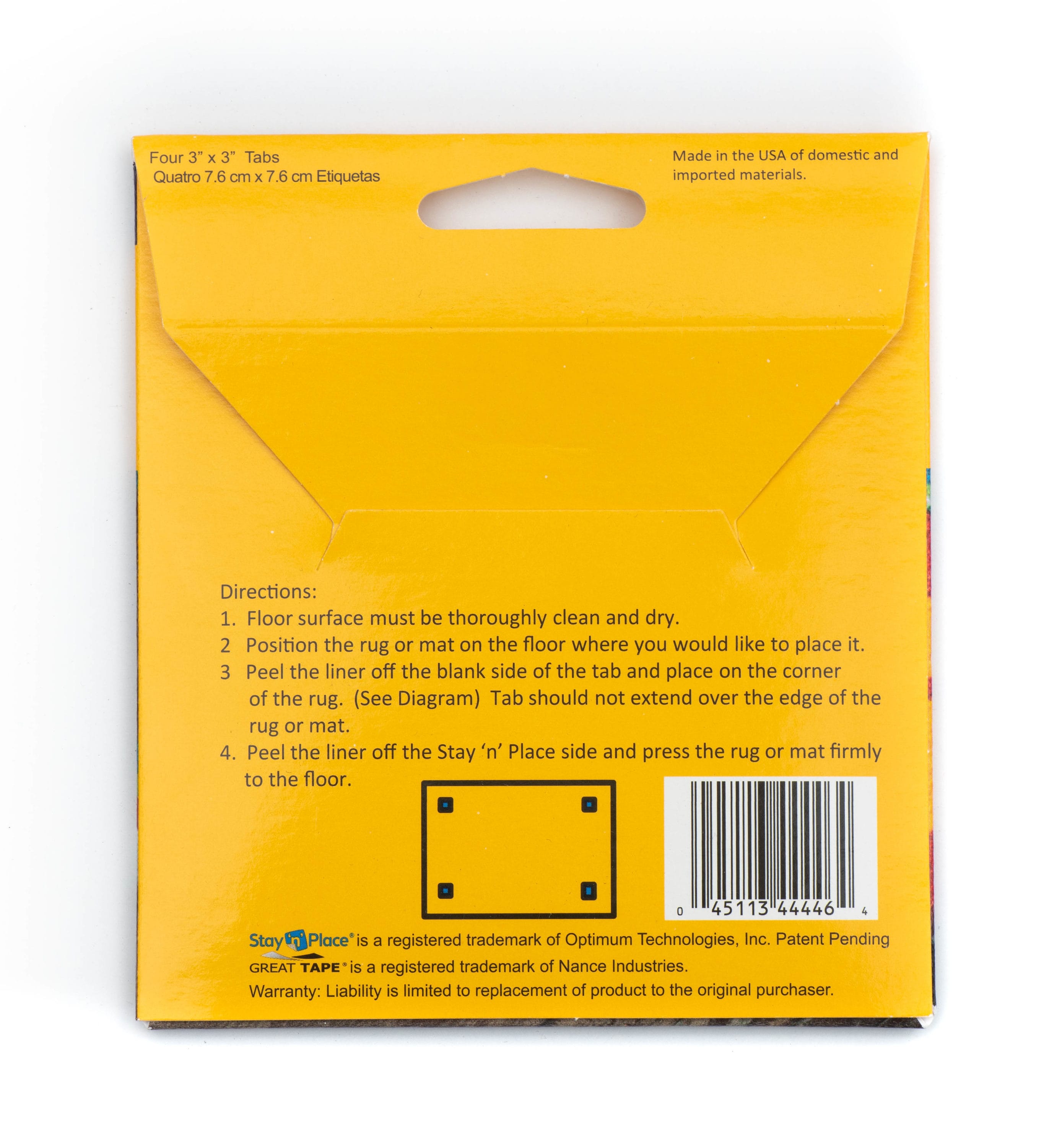 4-Pack Non-Slip Corner Gripper Rug Tabs - 4-Inch x 4-Inch, White
