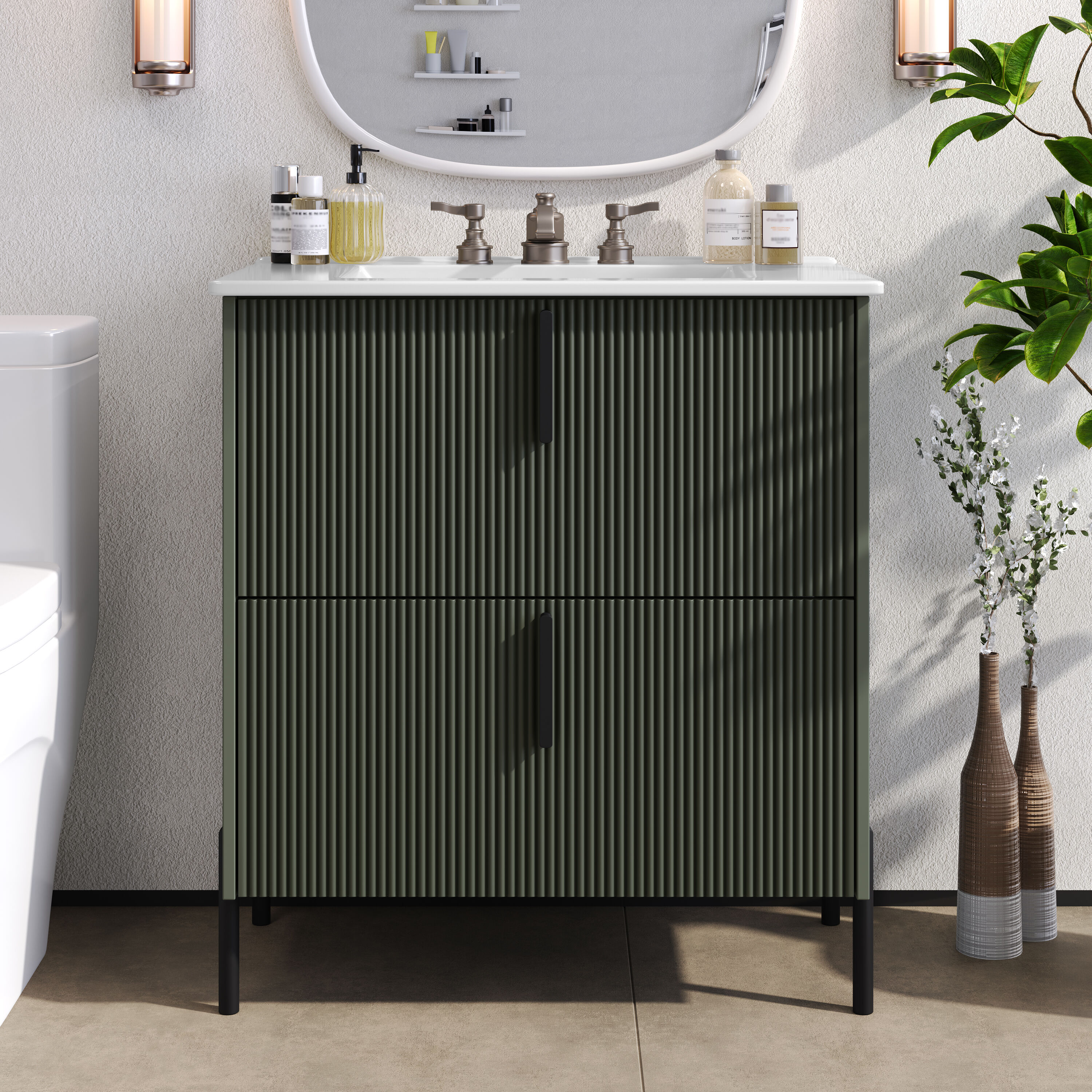 Tatayosi RY-P295761G 30 Inch Green Bathroom Vanity with Ceramic Sink and Fluted Design Two Full Extension Drawers Soft Close Storage Cabinet