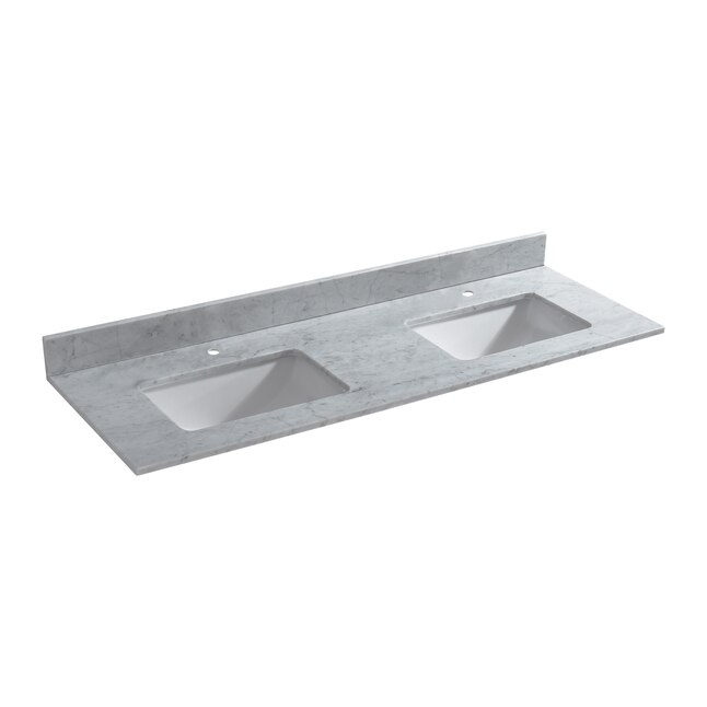 Leicester 61 in. W x 22 in. D Double Basin Engineered Quartz Marble Vanity Top in Carrara White with White Basins Leicester 61 in. W x 22 in. D Double Basin Engineered Quartz Marble Vanity Top in Carrara White with White Basins