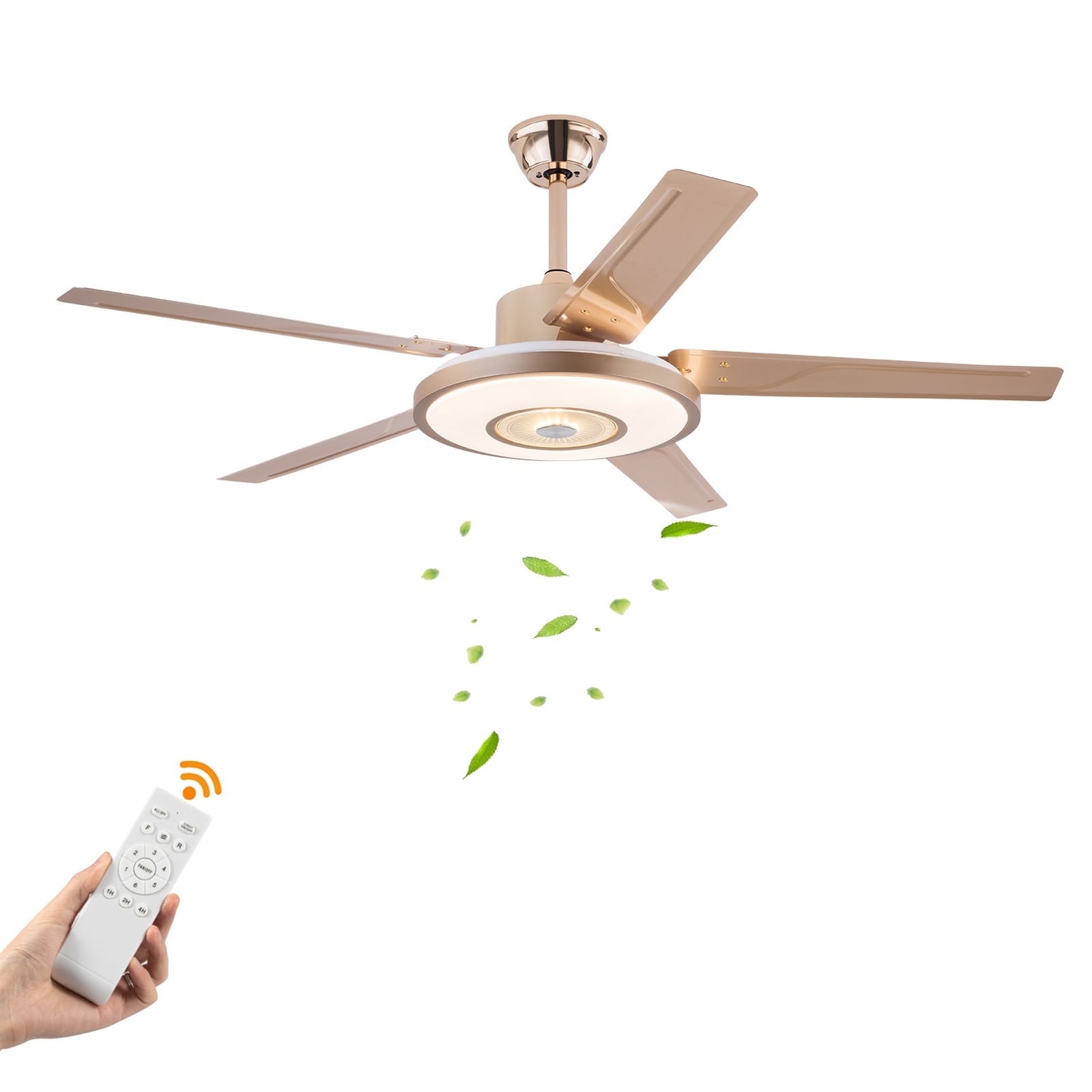 Oukaning JZUCOD-00160099 52-in Color-Changing Gold with Reverse 6-speed Metal Blades Fandelier Ceiling Fan With Light and Remote ( 5 -Blade )