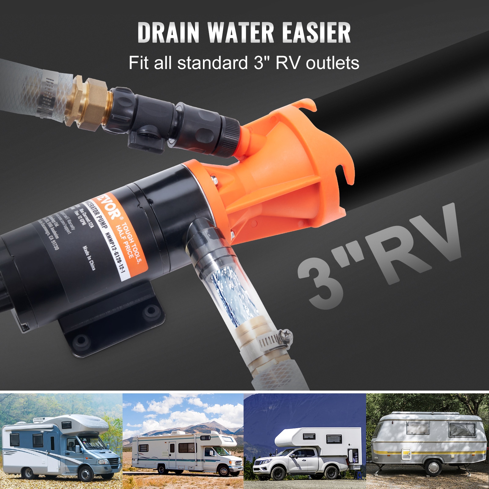 VEVOR 12V Black and Orange RV Portable Macerator Pump