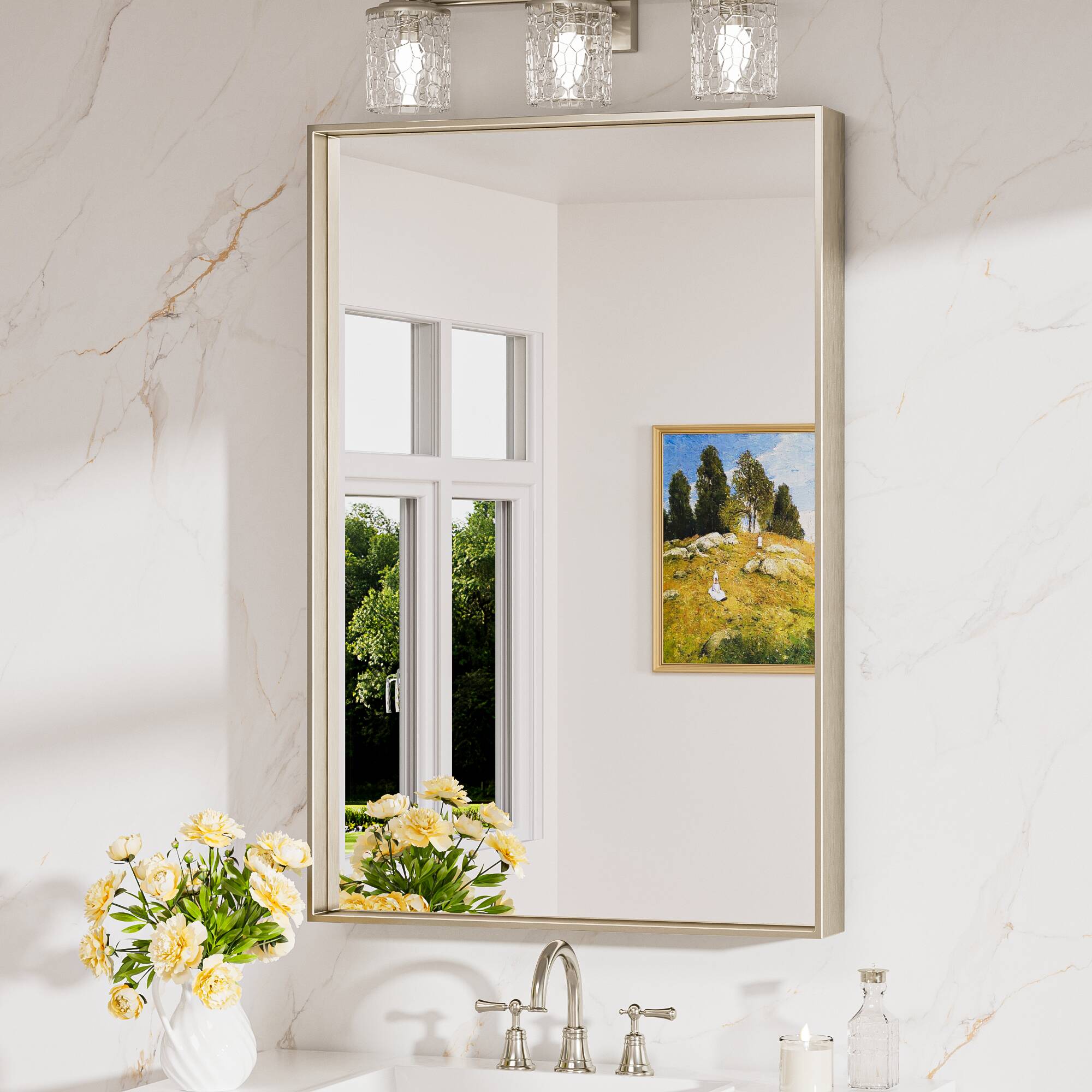 Keonjinn LW-JZ-JSKFJ-6191NI Bathroom Mirrors 24-in W x 36-in H Rectangle Brushed Nickel Framed Wall Mirror