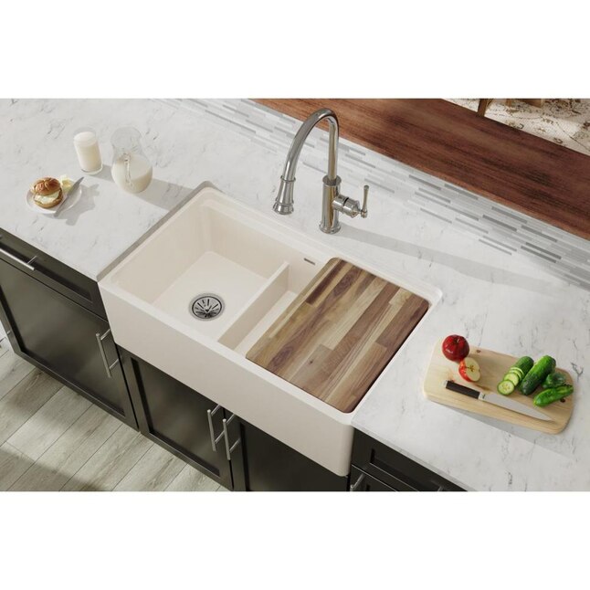 Elkay 33-in x 20-in Biscuit Double Offset Bowl Tall (8-in or Larger) Undermount Apron Front/Farmhouse Residential Kitchen Sink Elkay 33-in x 20-in Biscuit Double Offset Bowl Tall (8-in or Larger) Undermount Apron Front/Farmhouse Residential Kitchen Sink