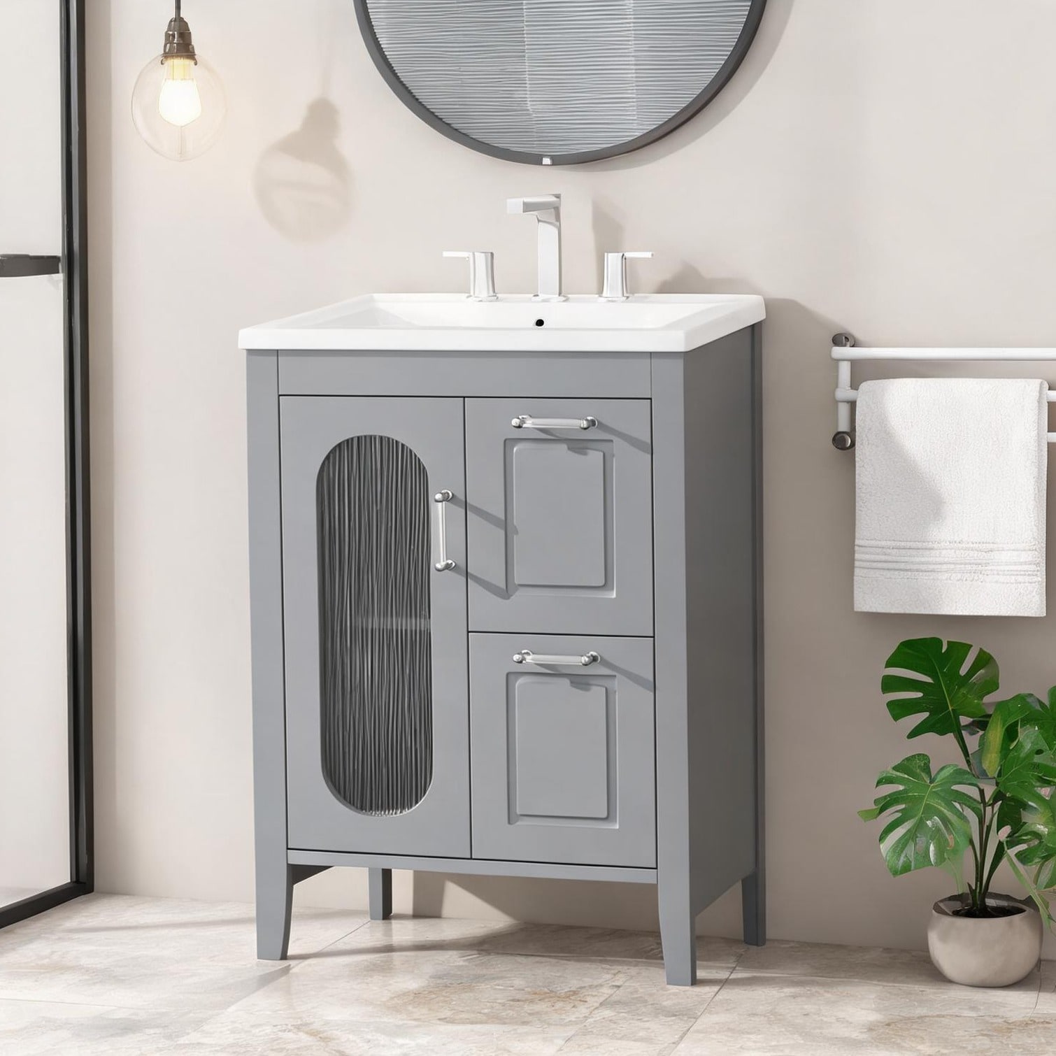 chillscreamni Single-Basin Vanity with Two Drawers and Glass Door Neutral Gray Solid Wood and MDF 24 Inch