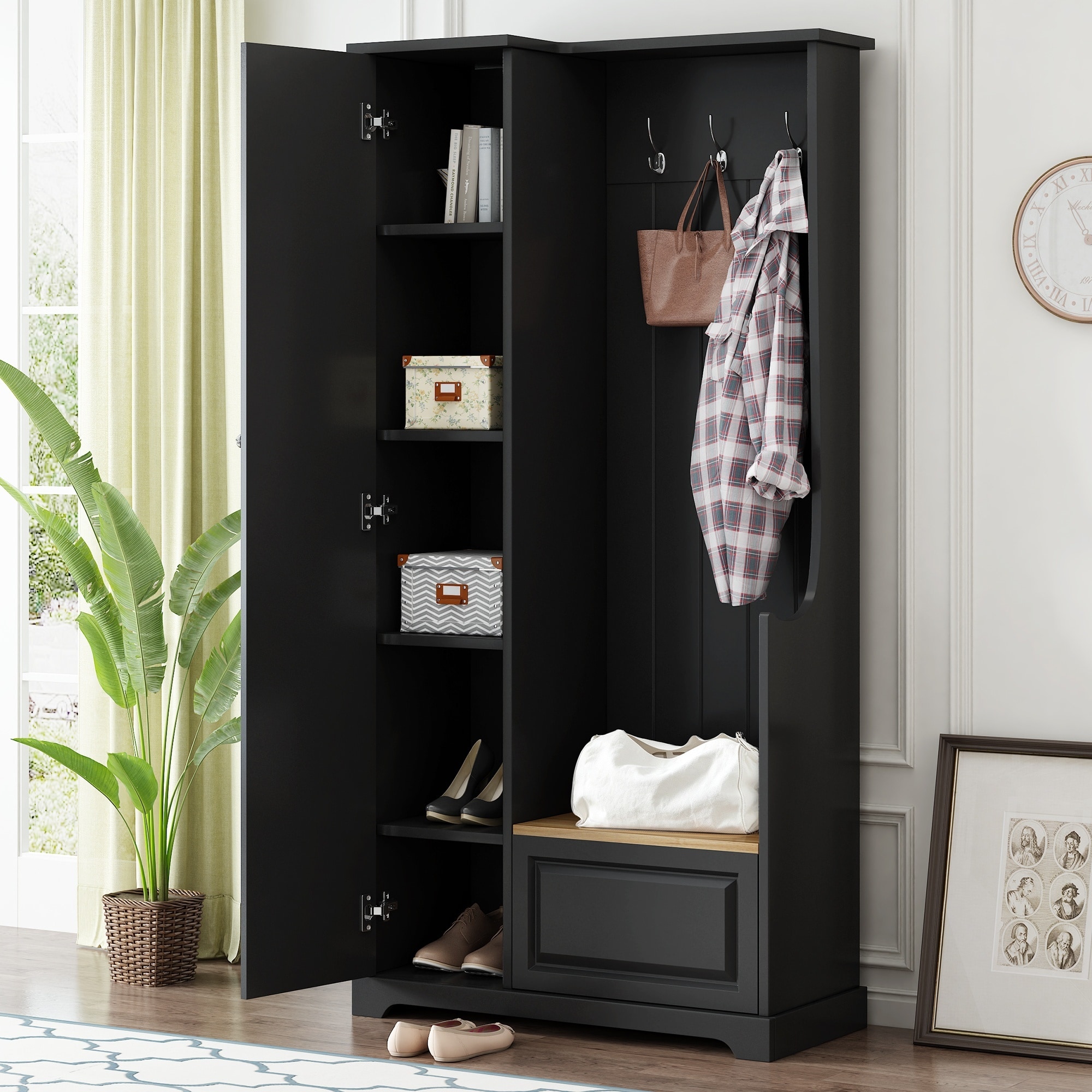 Horizons Prime 36 inch x 15 inch x 70 inch Black MDF Hall Tree with Flip-Up Bench and 3 Hanging Hooks