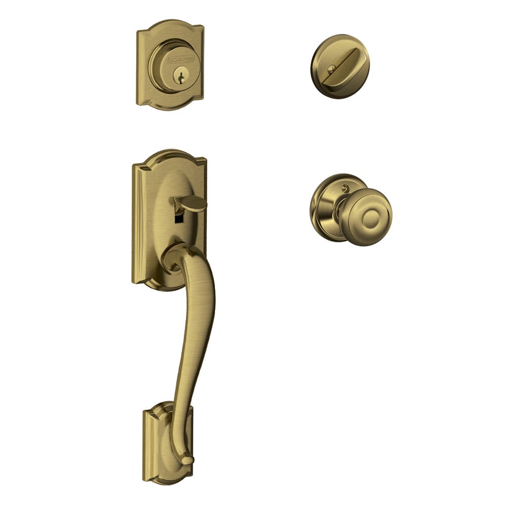 Schlage Camelot Antique Brass Single-Cylinder Deadbolt Keyed Entry Door Handleset  Knob in the Handlesets department at