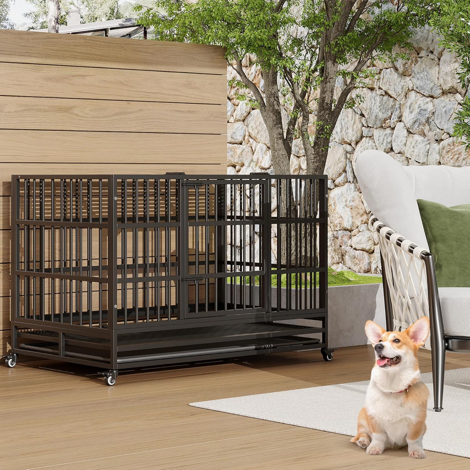 WhizMax 48 Inches Folding Dog Crate with Wheels Large Heavy Duty Metal Dog Kennel with Double Door and Removable Tray Indoor Pet House for Small Medium and Large Breed #GGL-PHO-33CQWTXW