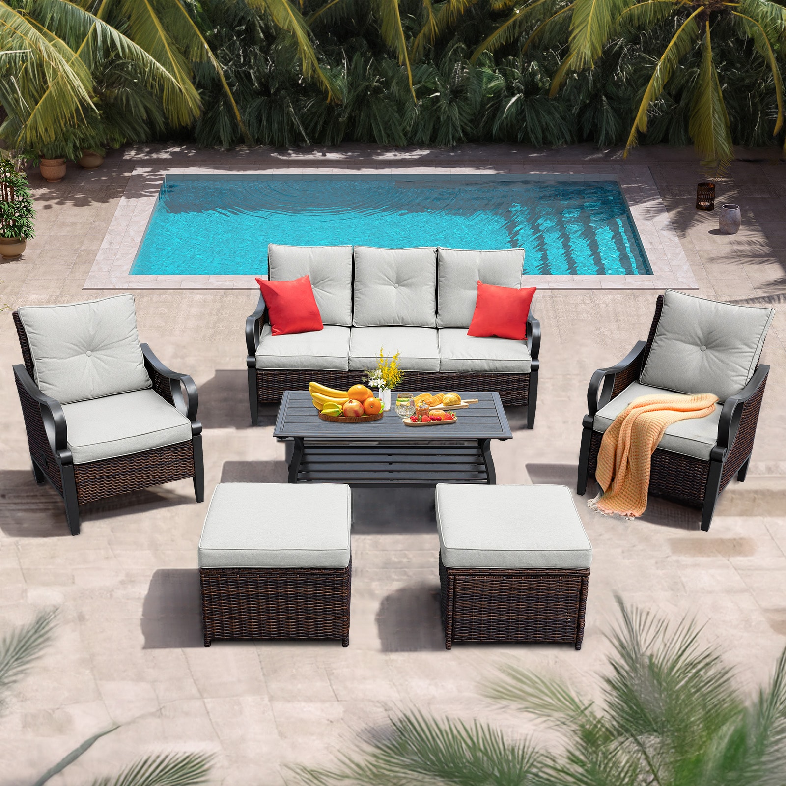 NOBLEMOOD LS-2025LG Patio Conversation Sets 6 -Piece Rattan Patio Sofa Conversation Set with Light Gray Cushions