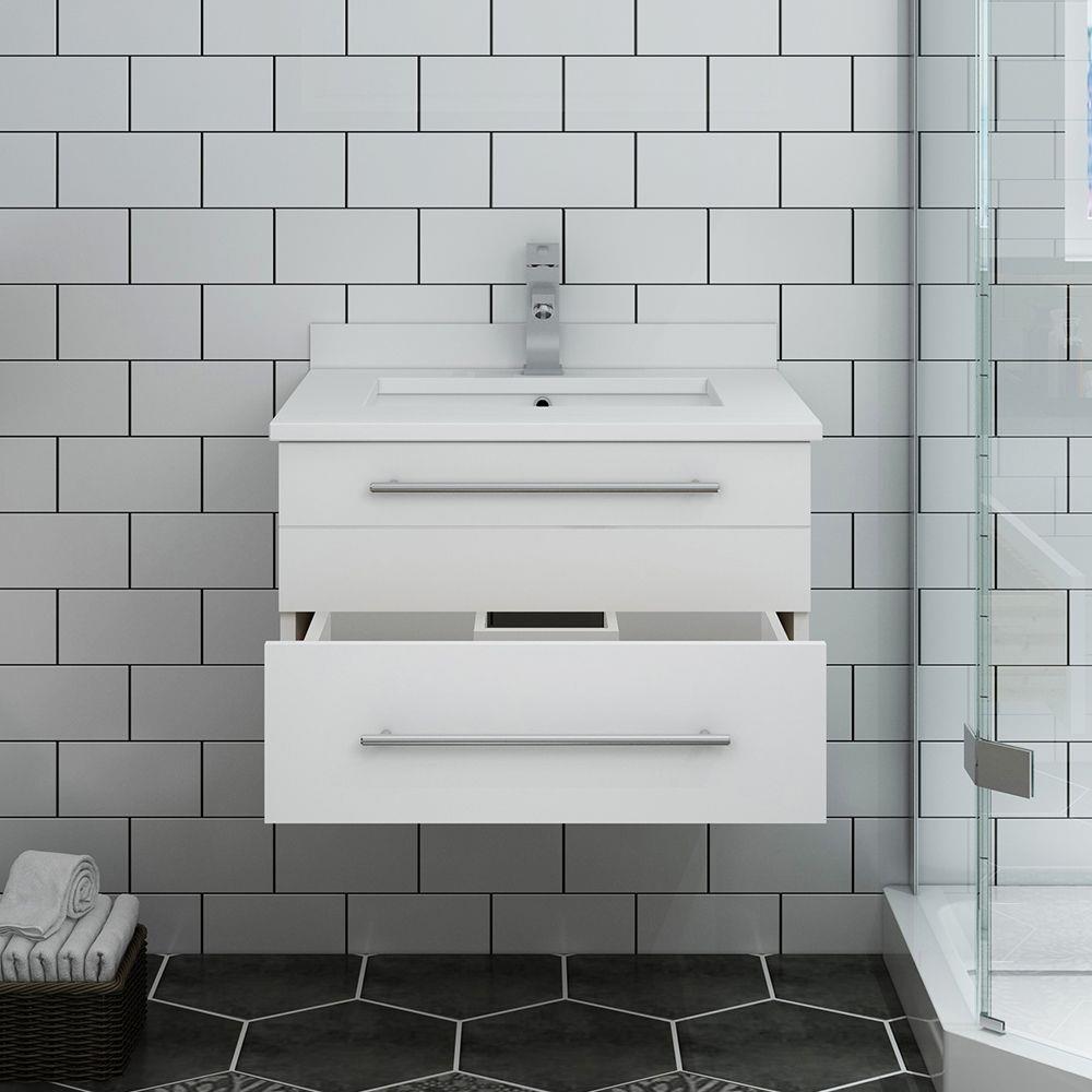 Sleek 24" White Quartz Top Modern Wall-Mounted Vanity with Ceramic Sink