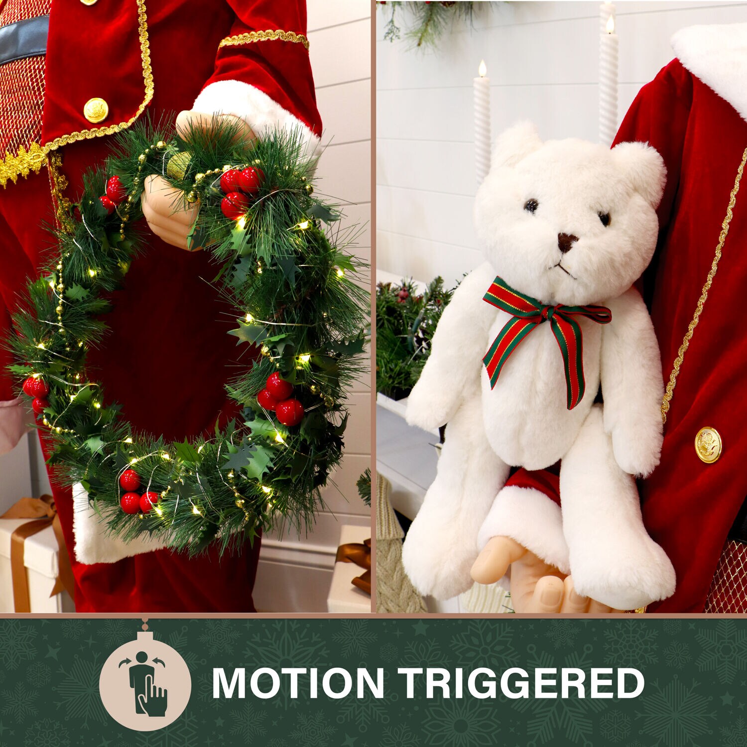 58" Red Velvet Dancing Santa with Bear and Wreath