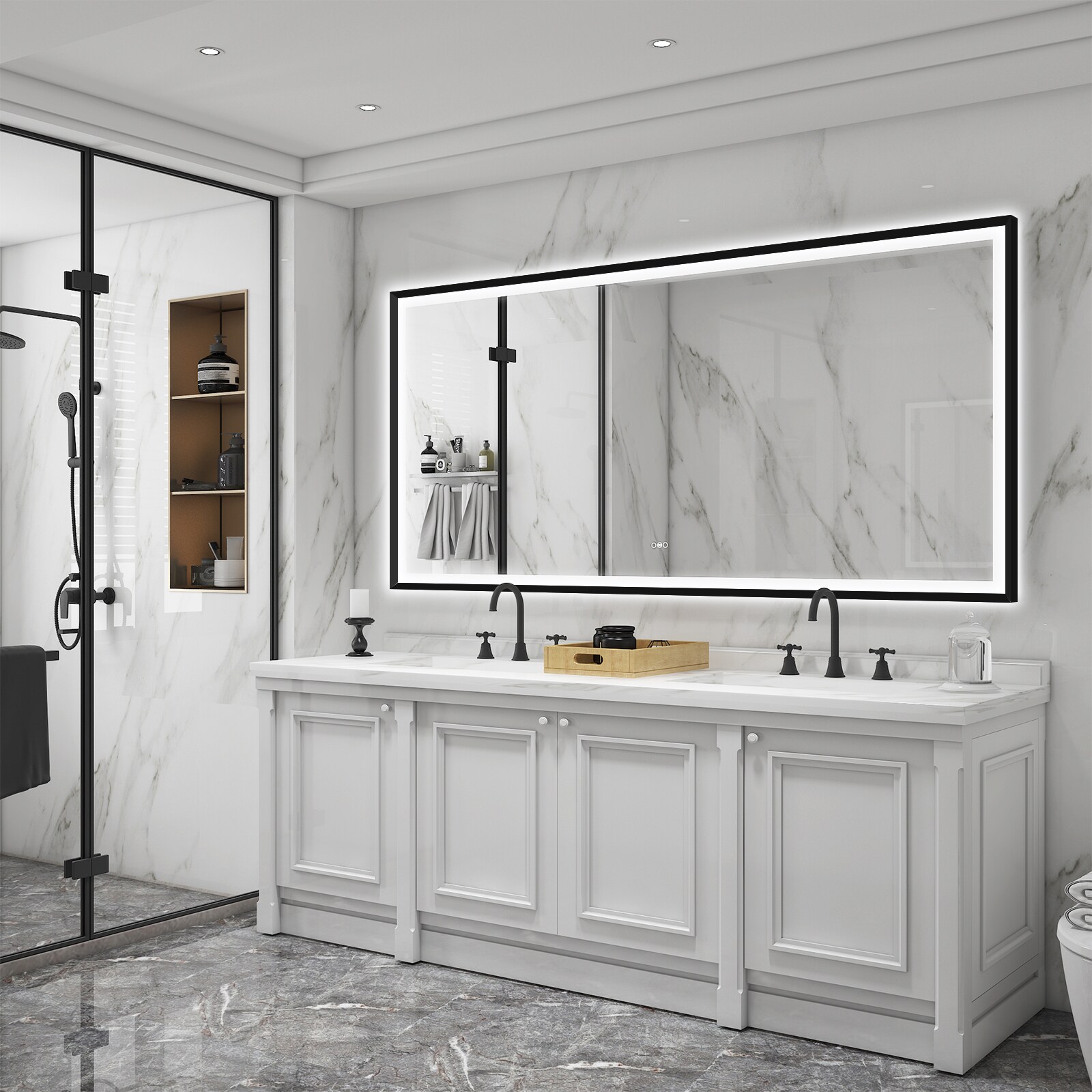 WELLFOR BG LED Bathroom Mirror 32-in x 32-in LED Lighted Gold Round Fog Free Framed Bathroom Vanity Mirror | DH-MC04-2836SF1