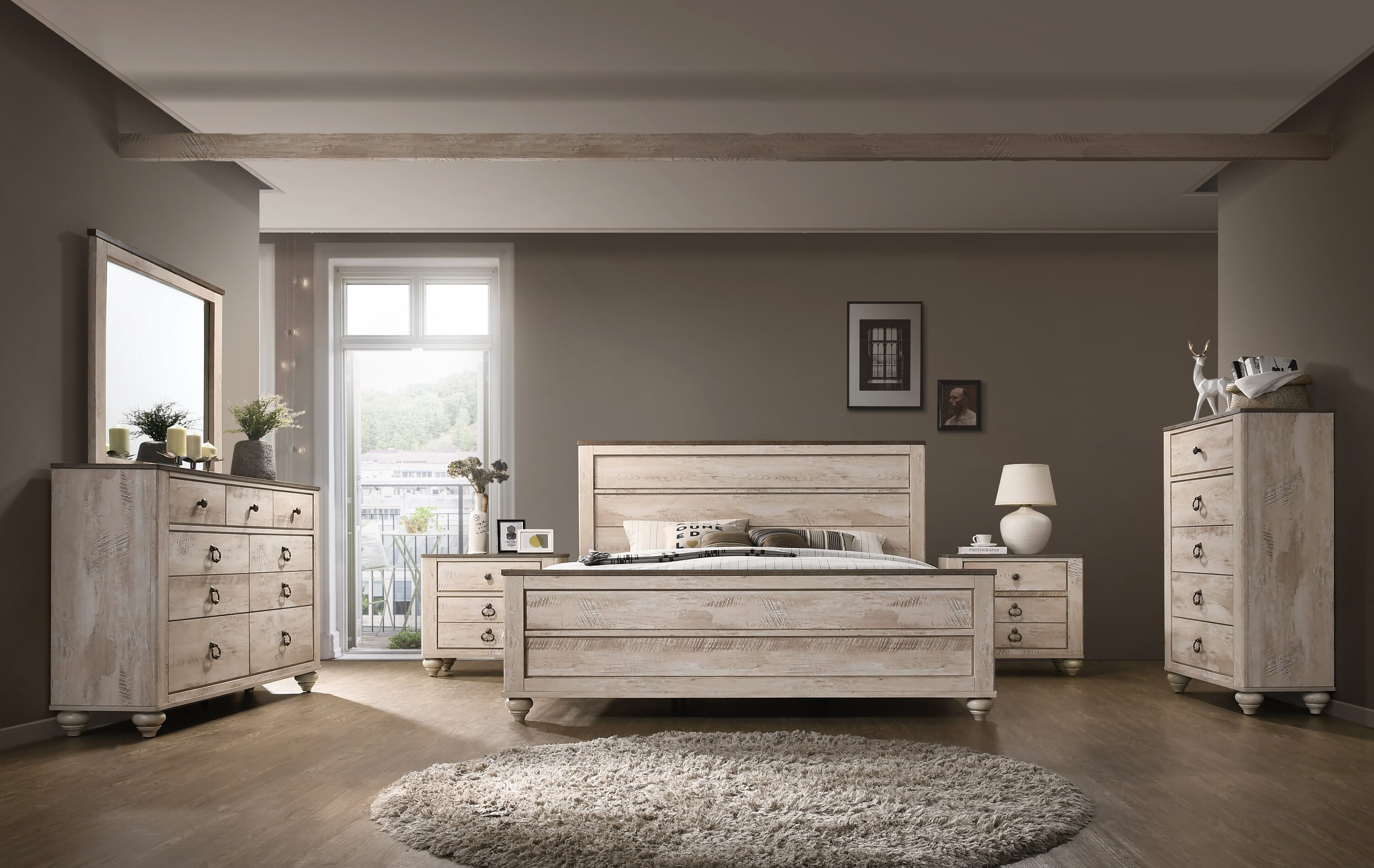 LOVMOR - Walnut Brown Queen 6PCS Bedroom Set with 1xBed 2xNightstand 1xDresser 1xMirror 1xChest
