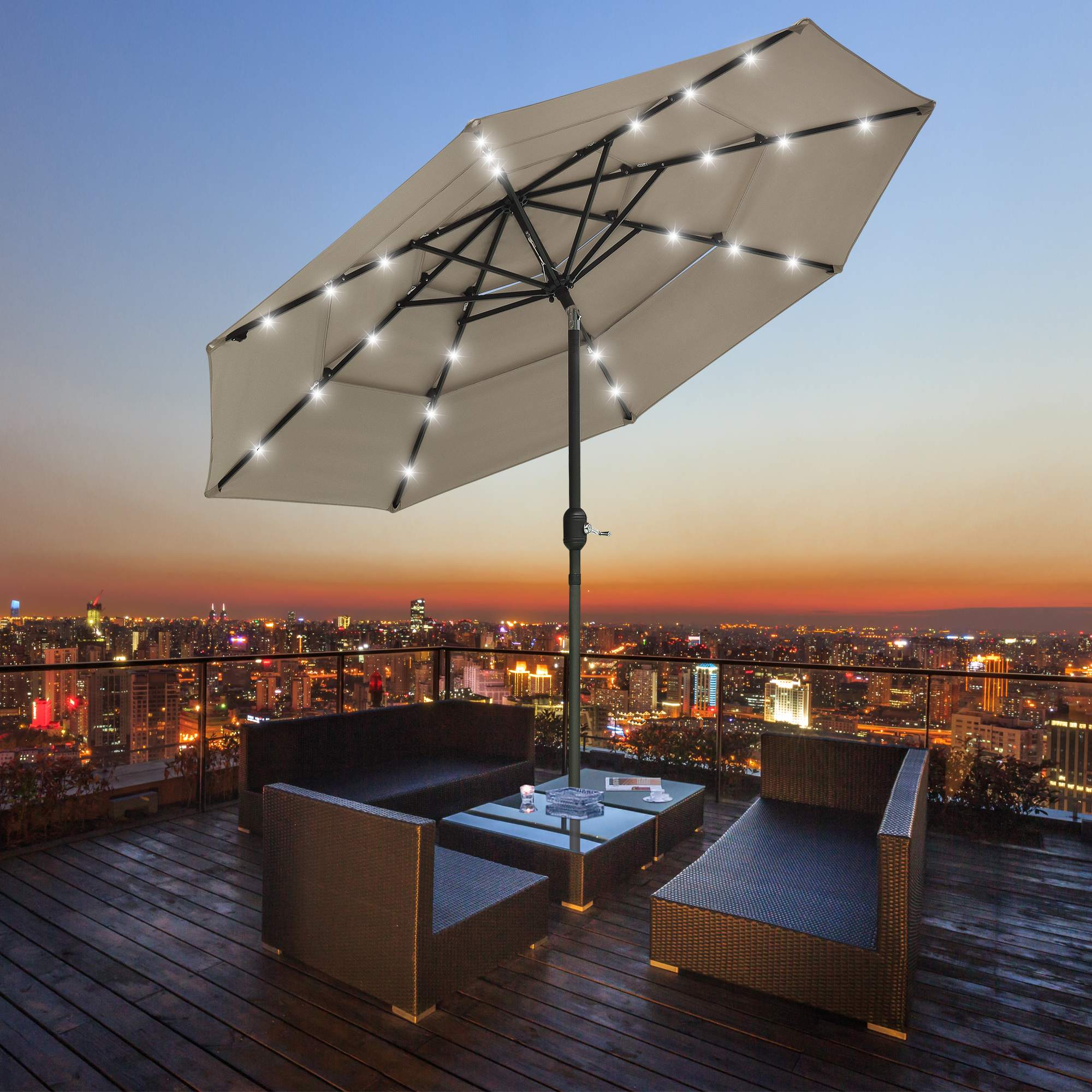 Yescom 07UMB041-3T9L-10-LO 9 Ft 3 Tier Patio Umbrella with Solar LED Crank Tilt Button Aluminum Yard Pool