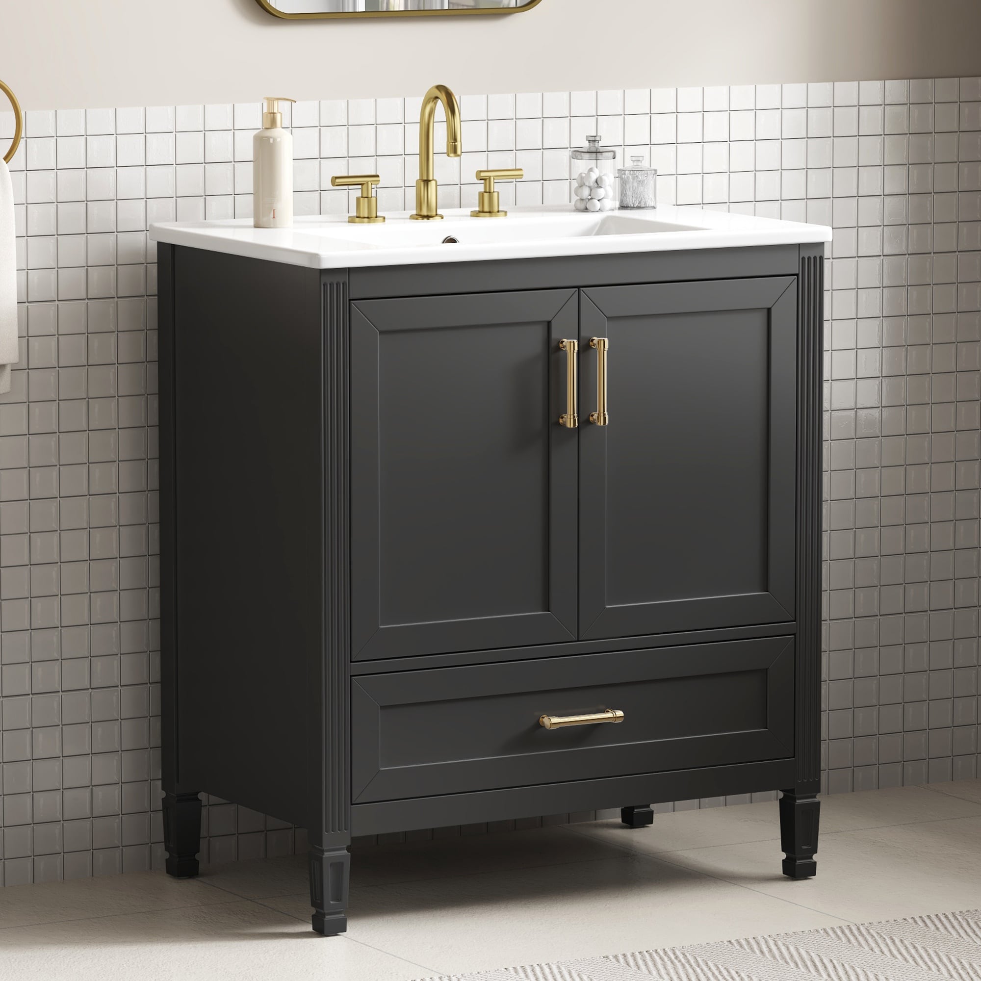 Wooakway 30 in Elegant Fluted Bathroom Vanity with Ceramic Sink Single ...