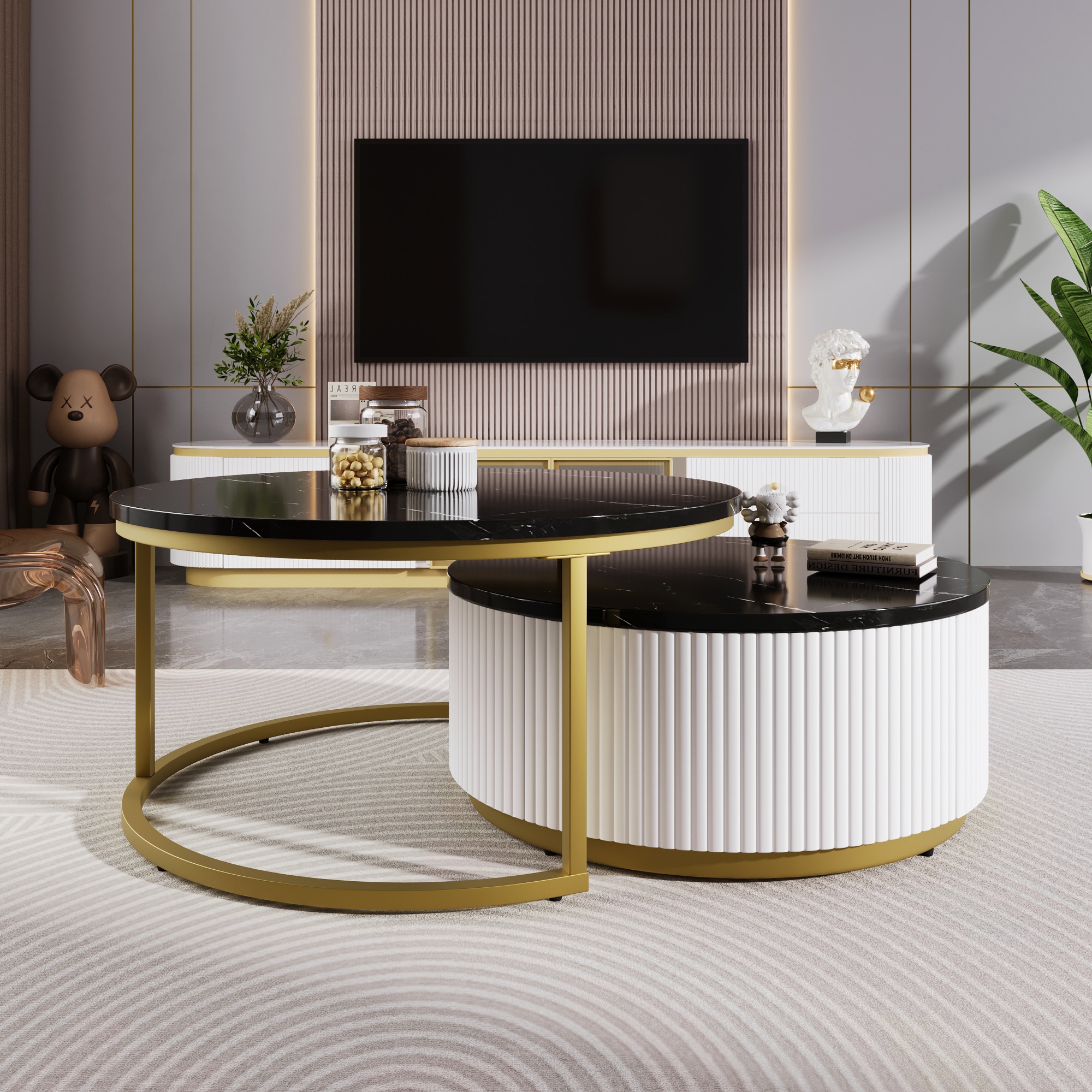 ModernLuxe L3P-N735P254992B Modern Round Nesting Coffee Table Fluted with Drawer in Black  Gold in 27.6inch