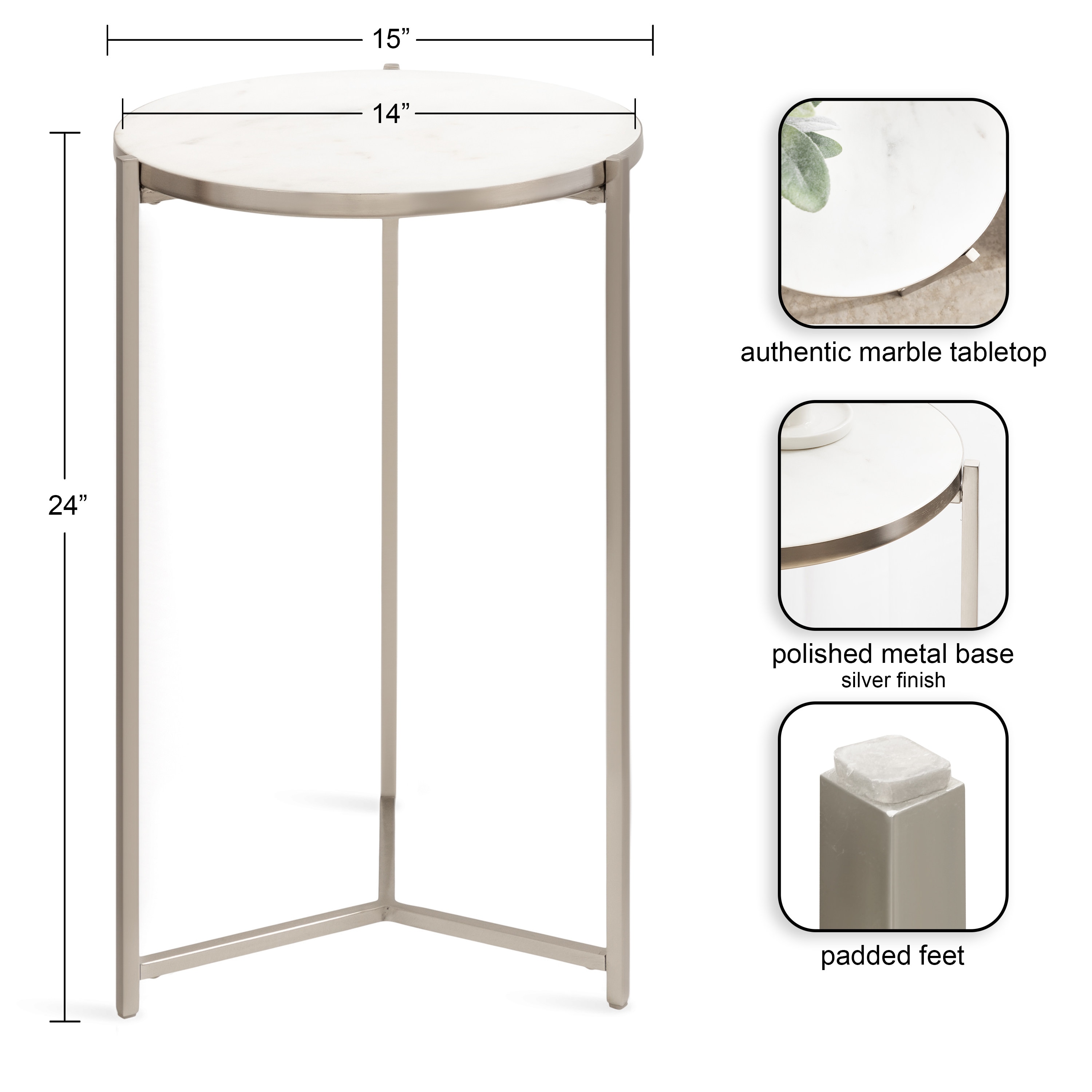 Silver Round Marble and Metal Side Table