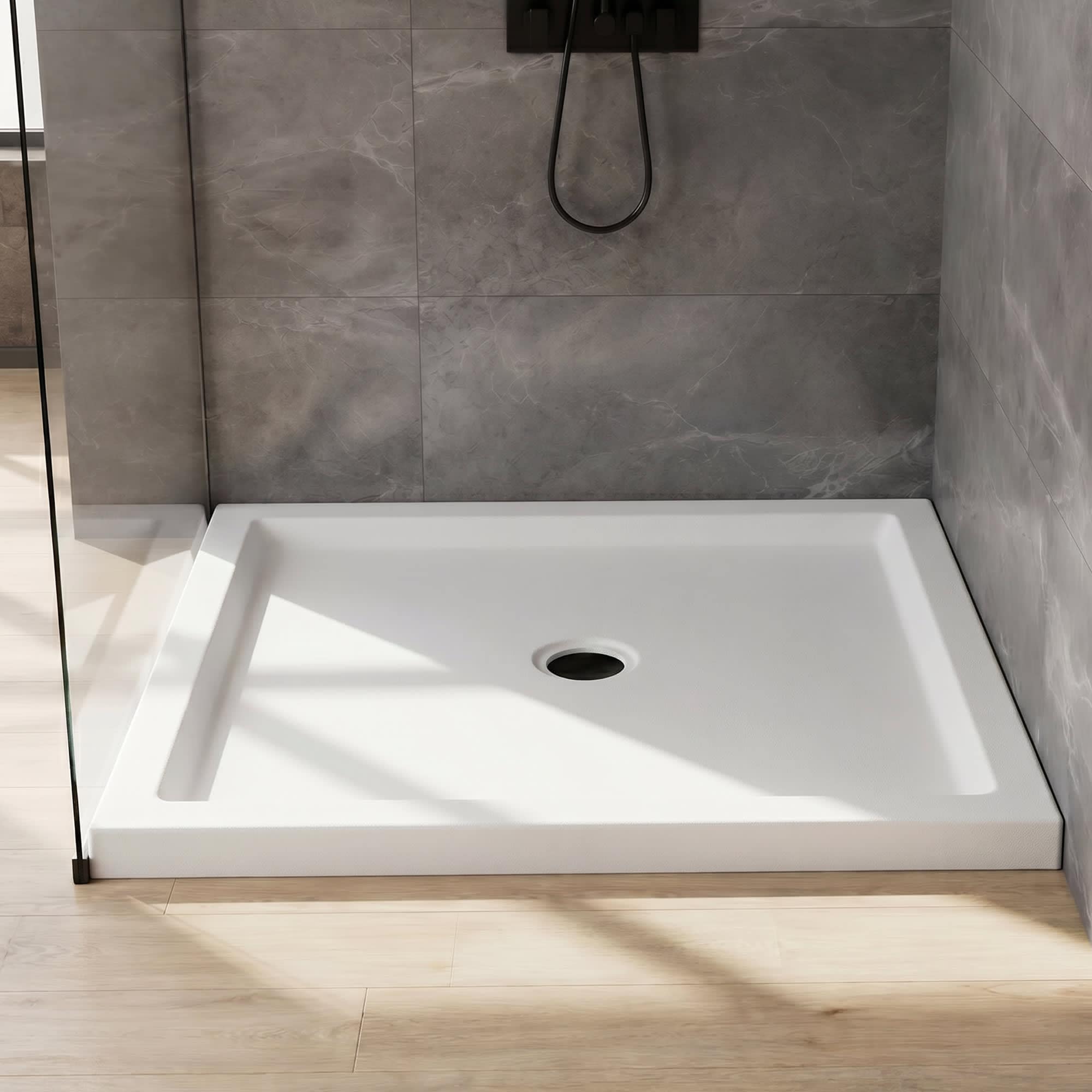 Vynxaria 32-in x 48-in x 3.4-in White Rectangular Acrylic Shower Base with Center Drain