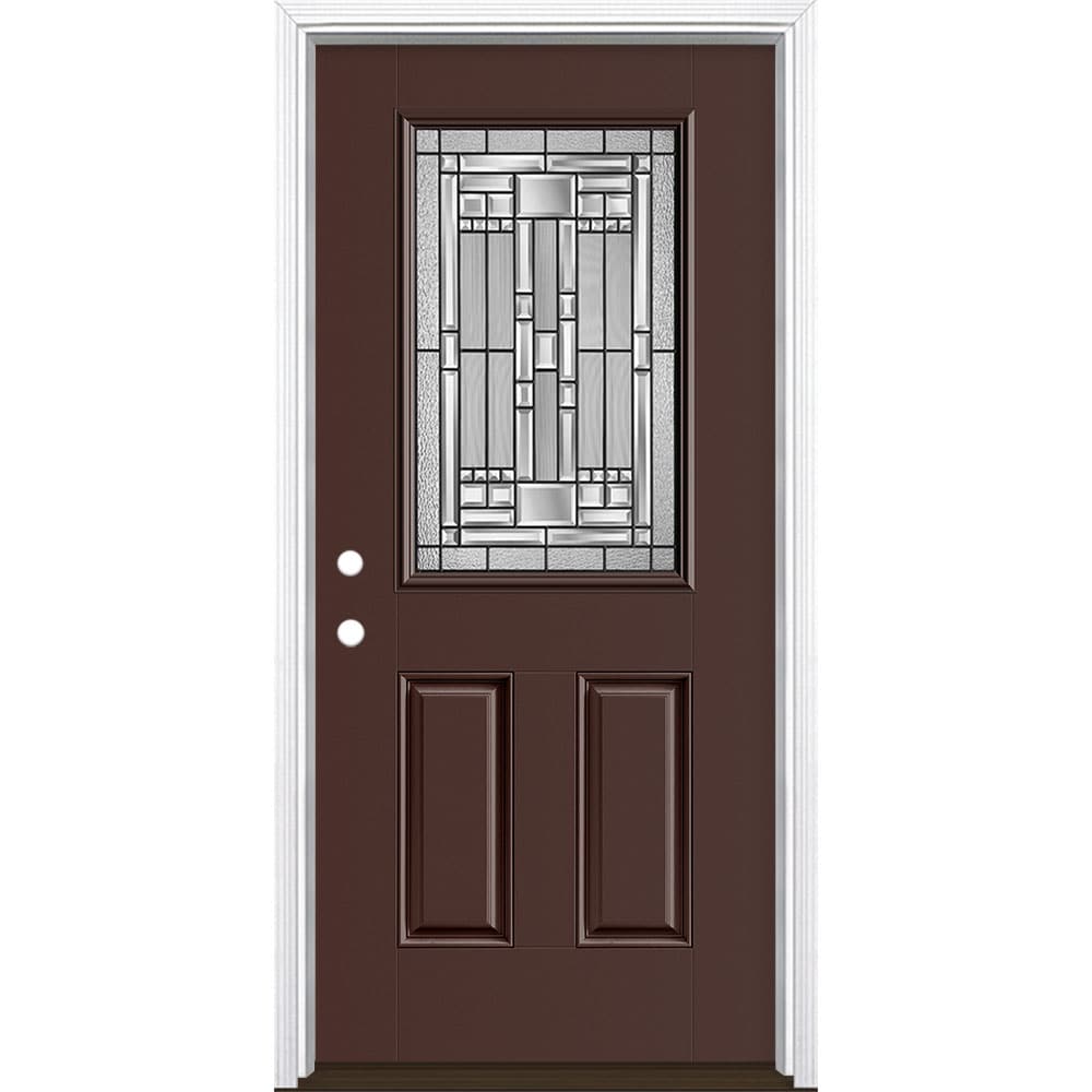 Masonite 3421290 Naples 36-in x 80-in x 4-9/16-in Fiberglass Half lite Right-hand inswing Chocolate Painted Prehung Single door Front Door with Brickmould Insulating core Decorative glass