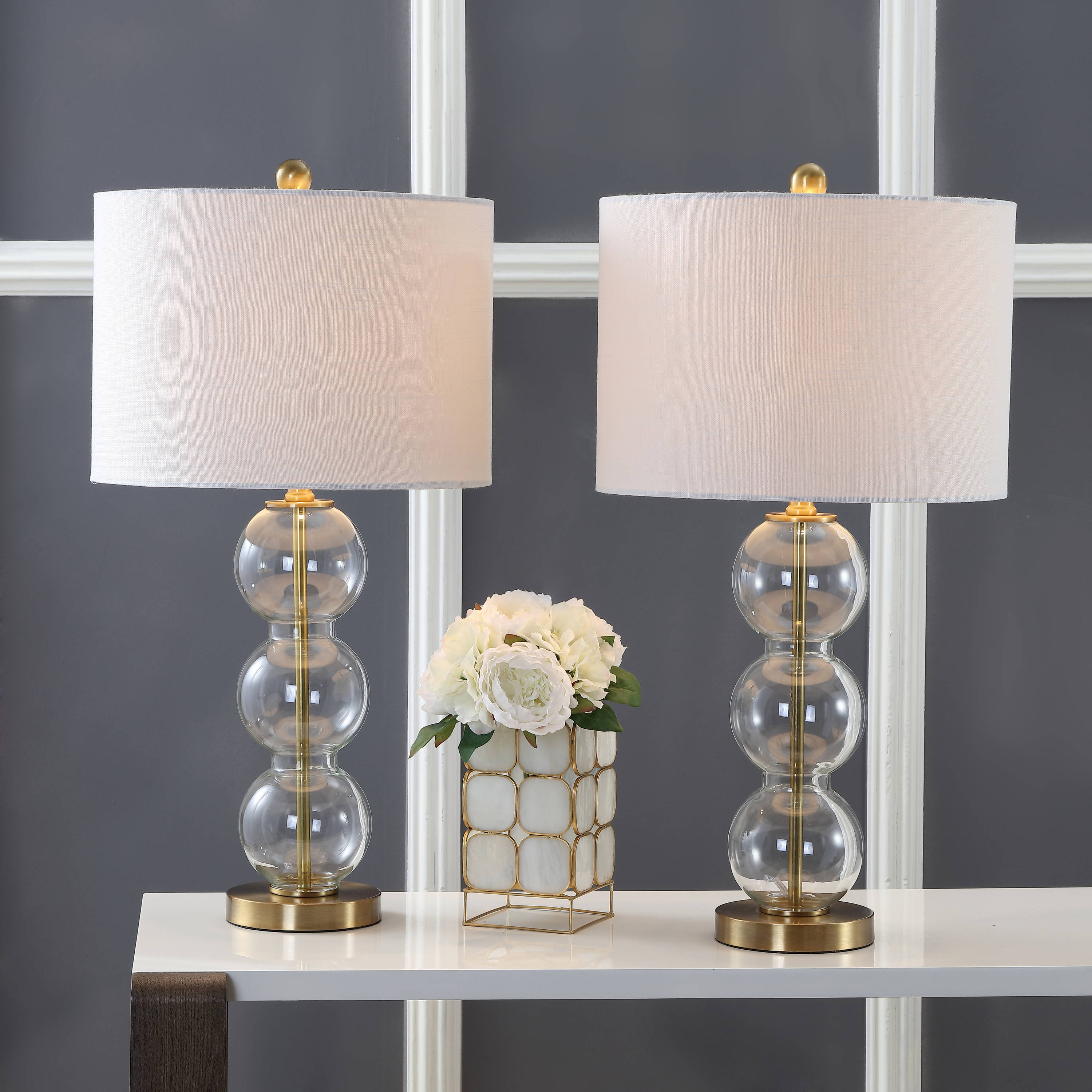 JONATHAN  Y JYL1070A-SET2 Bella Glass Triple-Sphere Transitional 27-in Clear/Brass LED Incandescent Rotary socket Table Lamp with Linen Shade 2 -Set