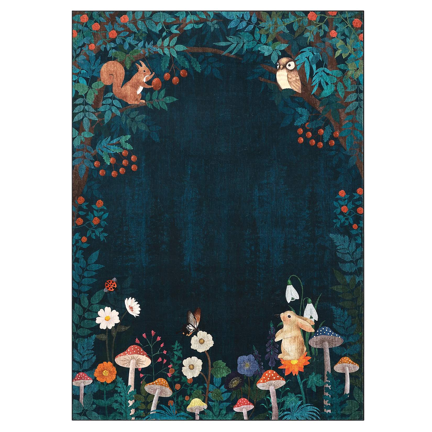 Qeetex SUNNY-PHK-35GWJGFY 5 x 7 ft Blue/Green Polyester Rectangular Living Room Kids Room Bedroom Squirrels Floral Print Modern Farmhouse Machine Washable Area Rug