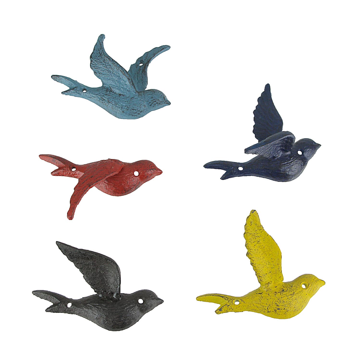 Zeckos ZKO-99009 Set of 5 Colorful Cast Iron Distressed Finish Flying Bird Decorative Sculptures