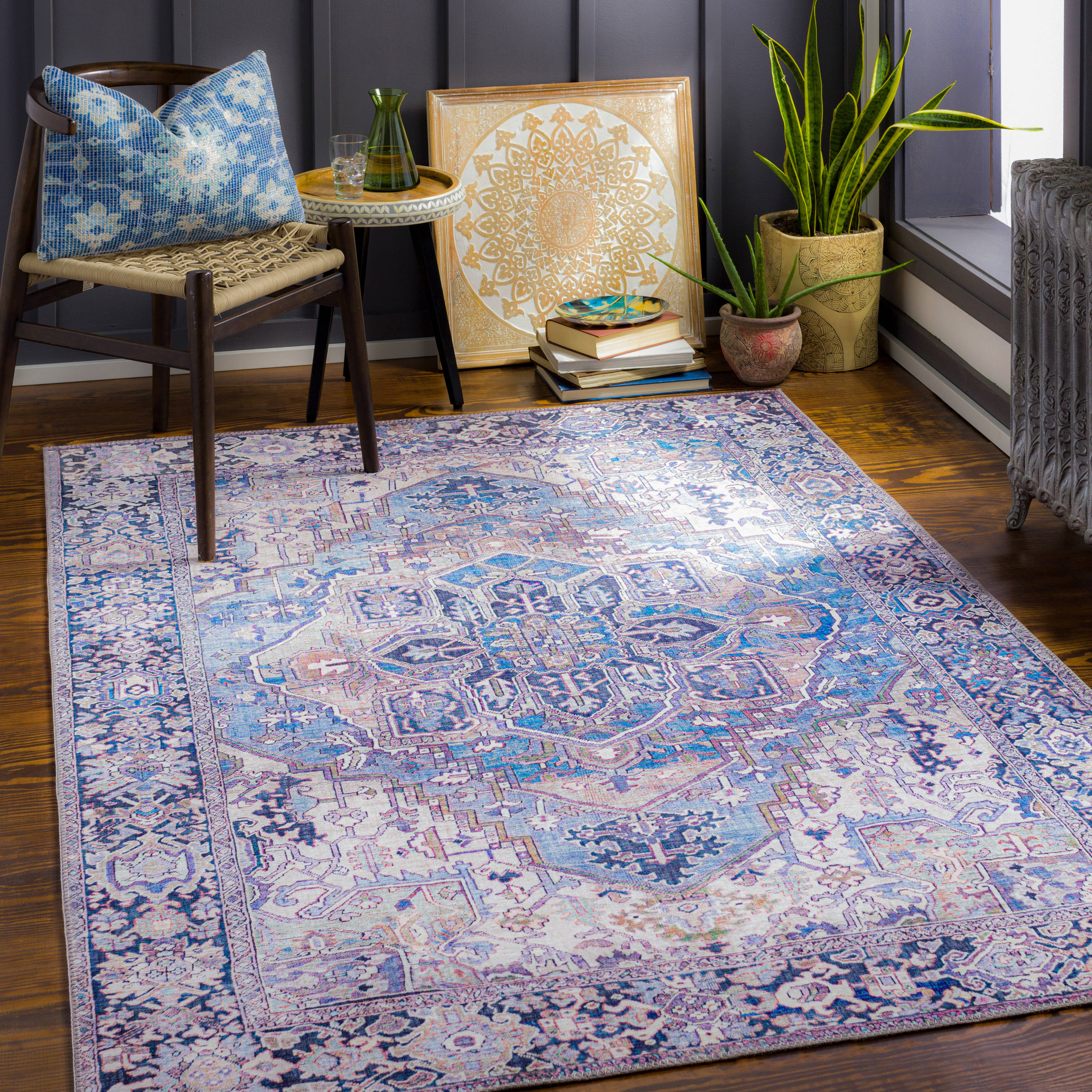 Livabliss IRS2362-2676 Iris 3 x 7 (ft) Polyester Denim, Dark Blue, Light Beige, Lilac, Cream Rectangular Indoor Abstract Runner rug