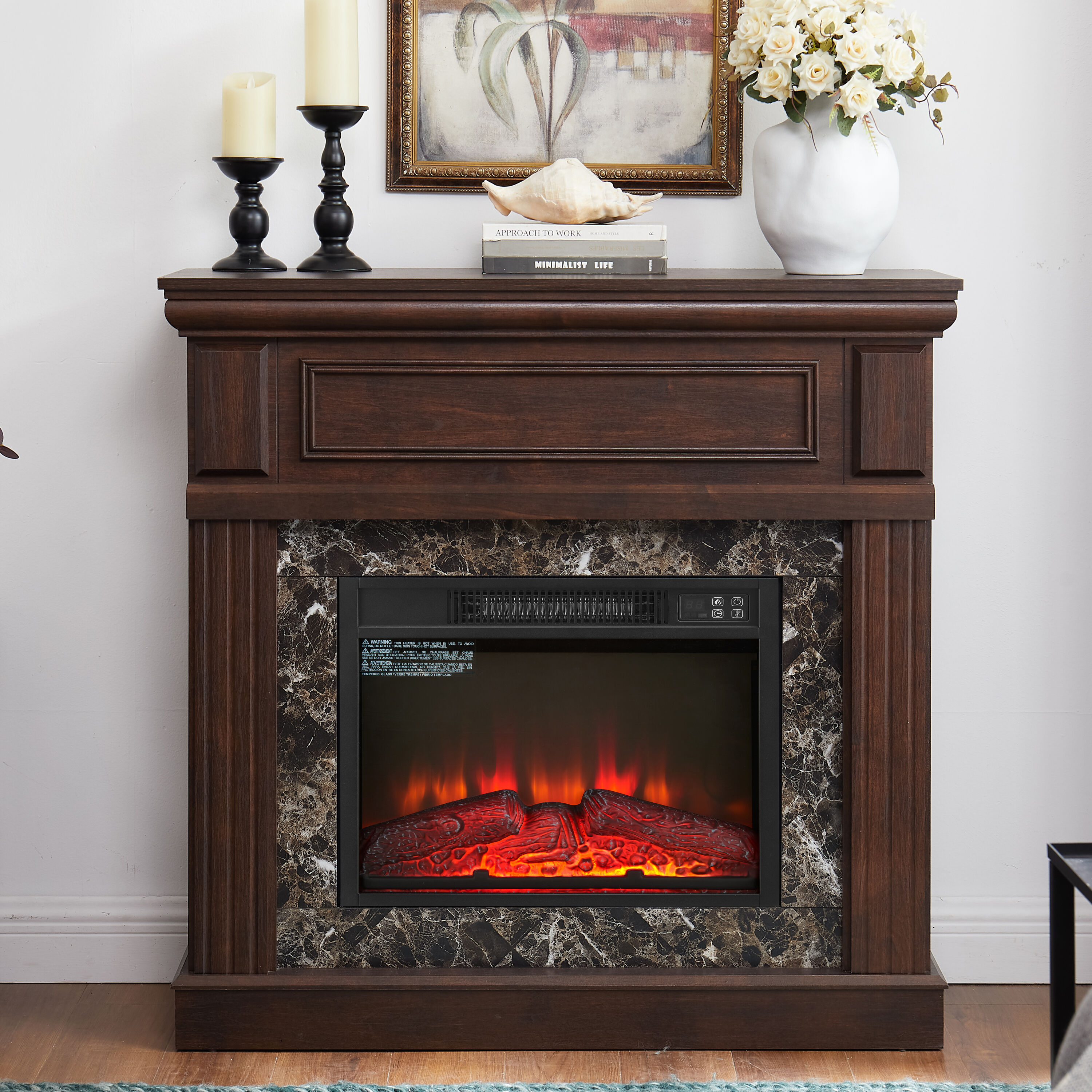 LOVMOR SF-WO-W1758S00030 Electric Fireplace With Mantel Fireplace Mantel Surround With 23 Fireplace Insert Adjustable Flame Remote Control Cherry