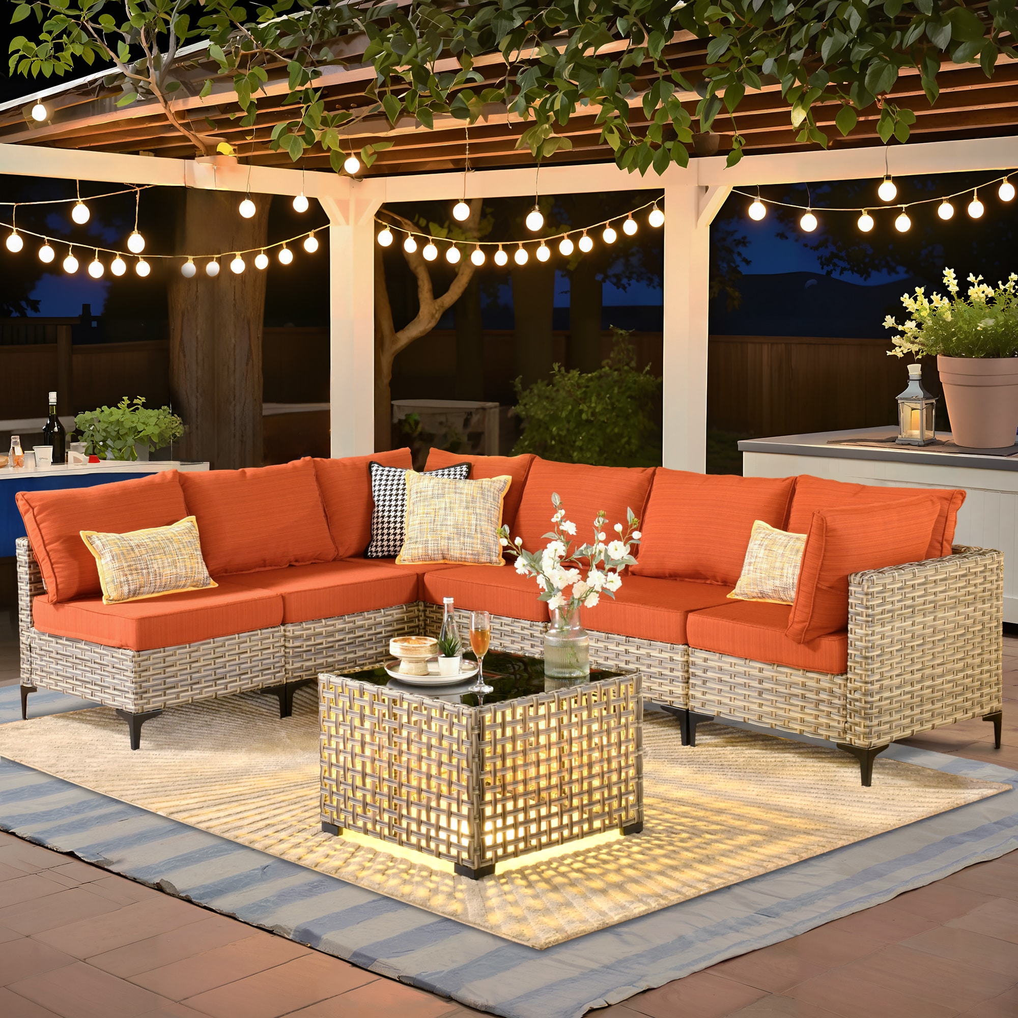 weaxty DSCRRS807 Lotus Wicker Outdoor Sectional with Orange Cushions and Steel Frame