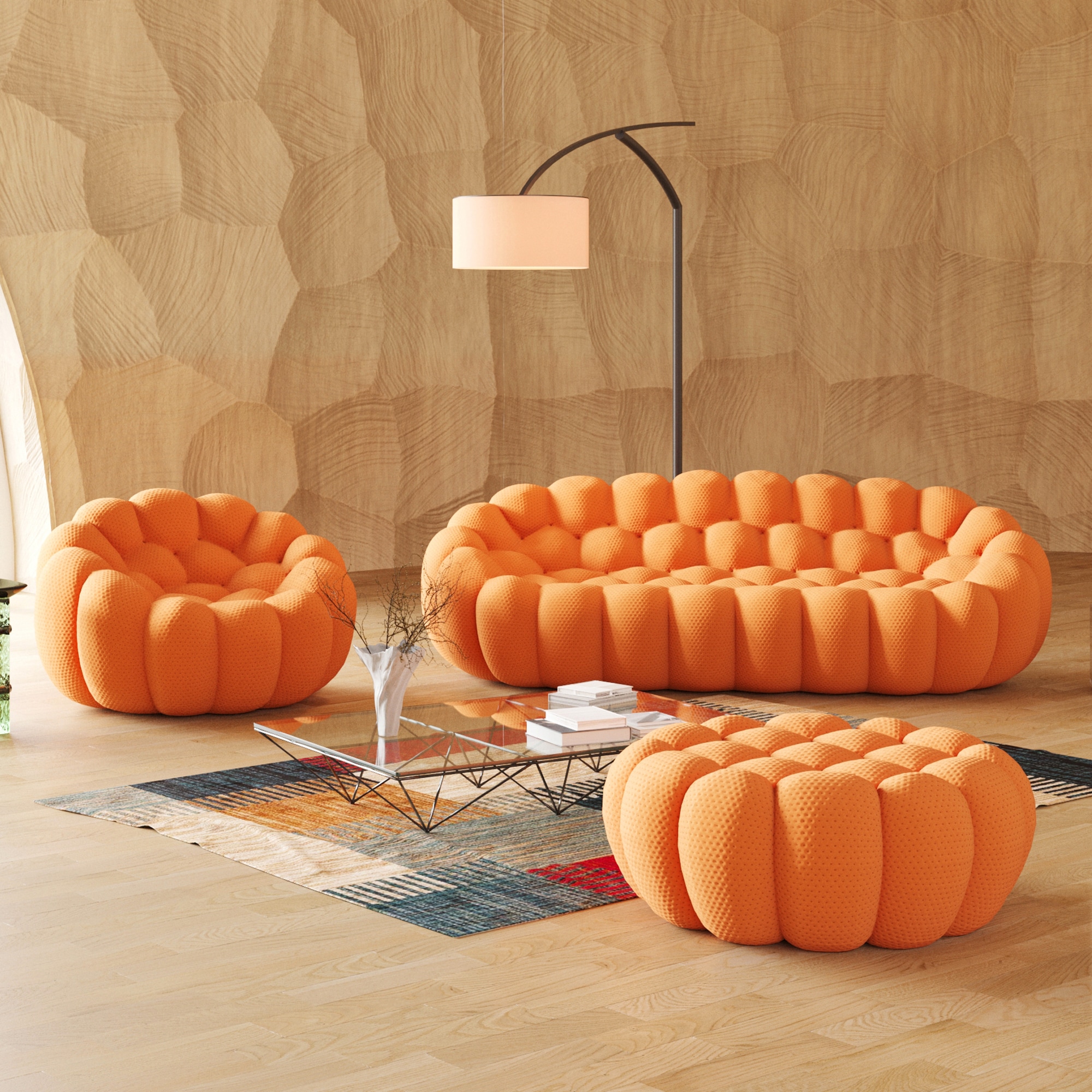 BuotiqHom DH-SF134-133OR Casual 3 -Piece Polyester/Polyester blend Orange Living Room Set