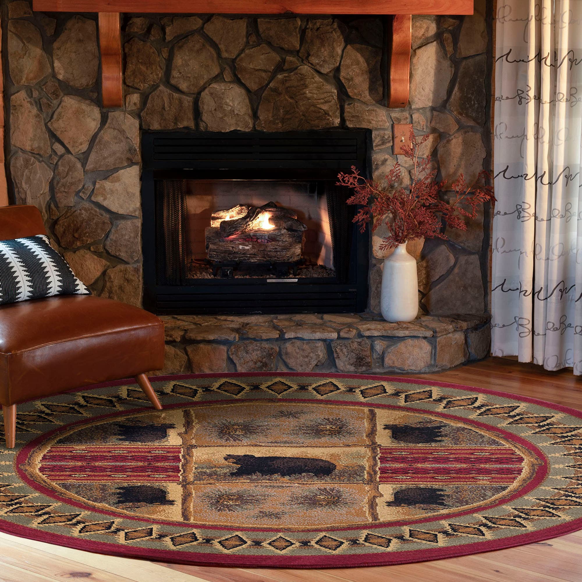 Tayse NTR6570 8RND Nature 8 x 8 (ft) Loomed Polypropylene Red Round Indoor Animal print Lodge Area rug