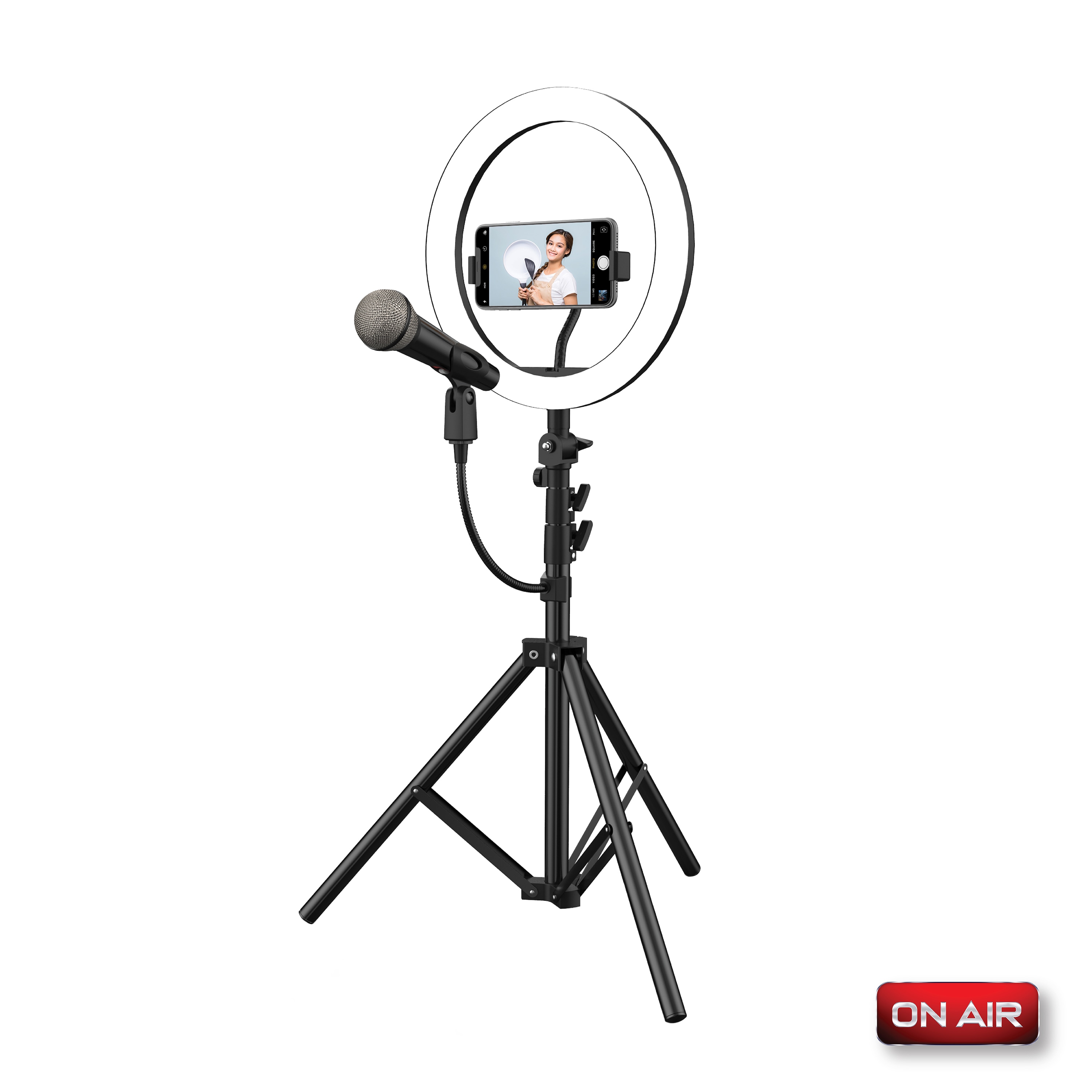 Premium Vector | Realistic led selfie makeup ring light smartphone holder  stand on black background