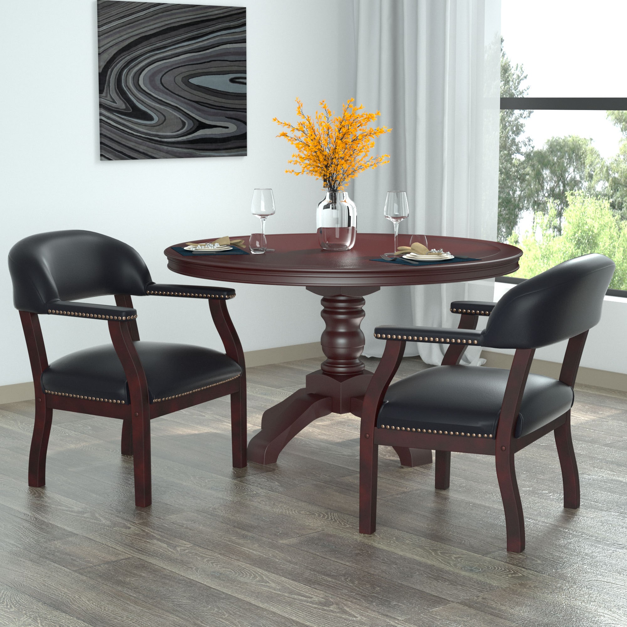Elegant Mahogany Wood & Black Faux Leather Upholstered Arm Chair