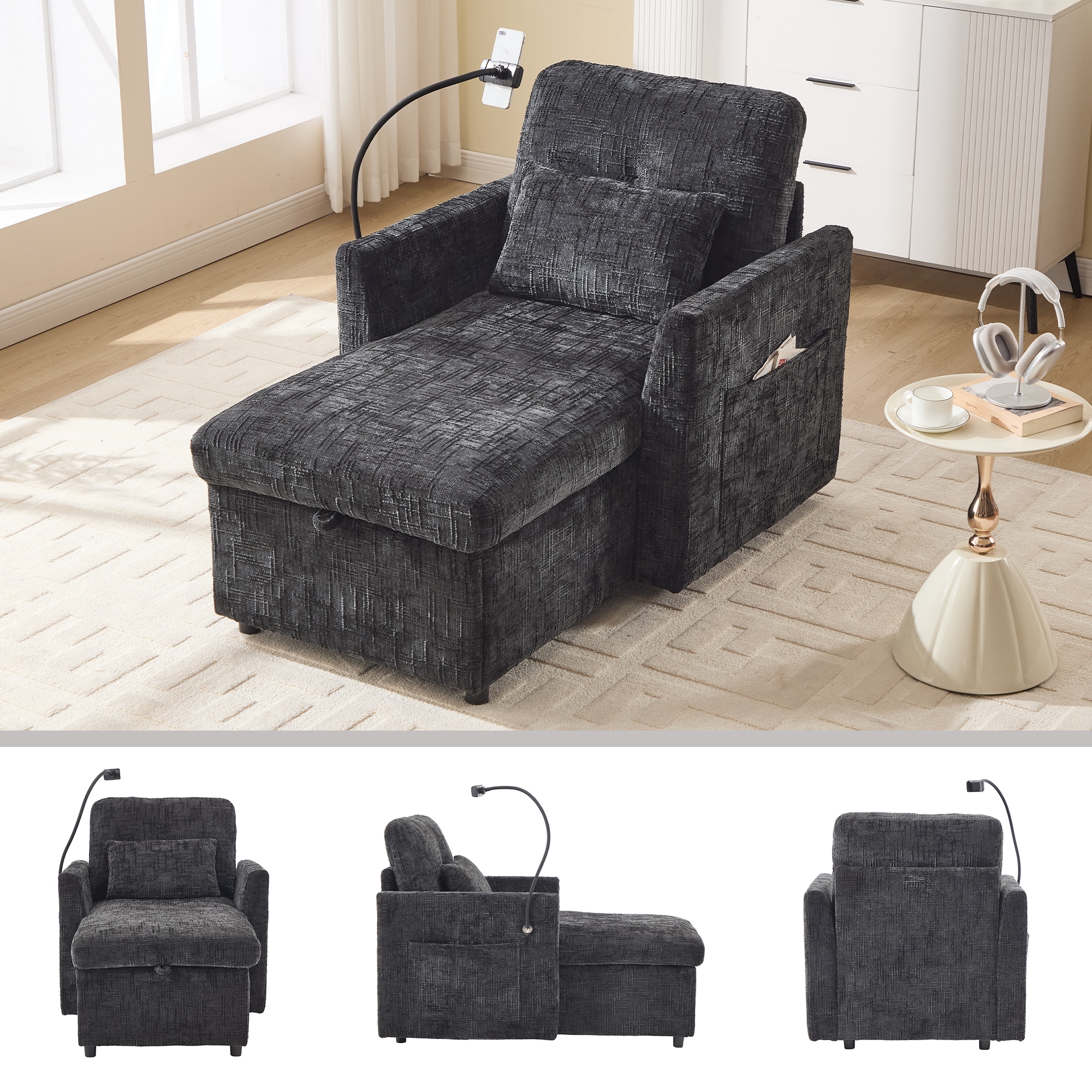 LOVMOR Multifunctional lazy person sofa recliner can be stored storage backrest with cell phone bracket chenille single leisure chair for living room bedroom small household