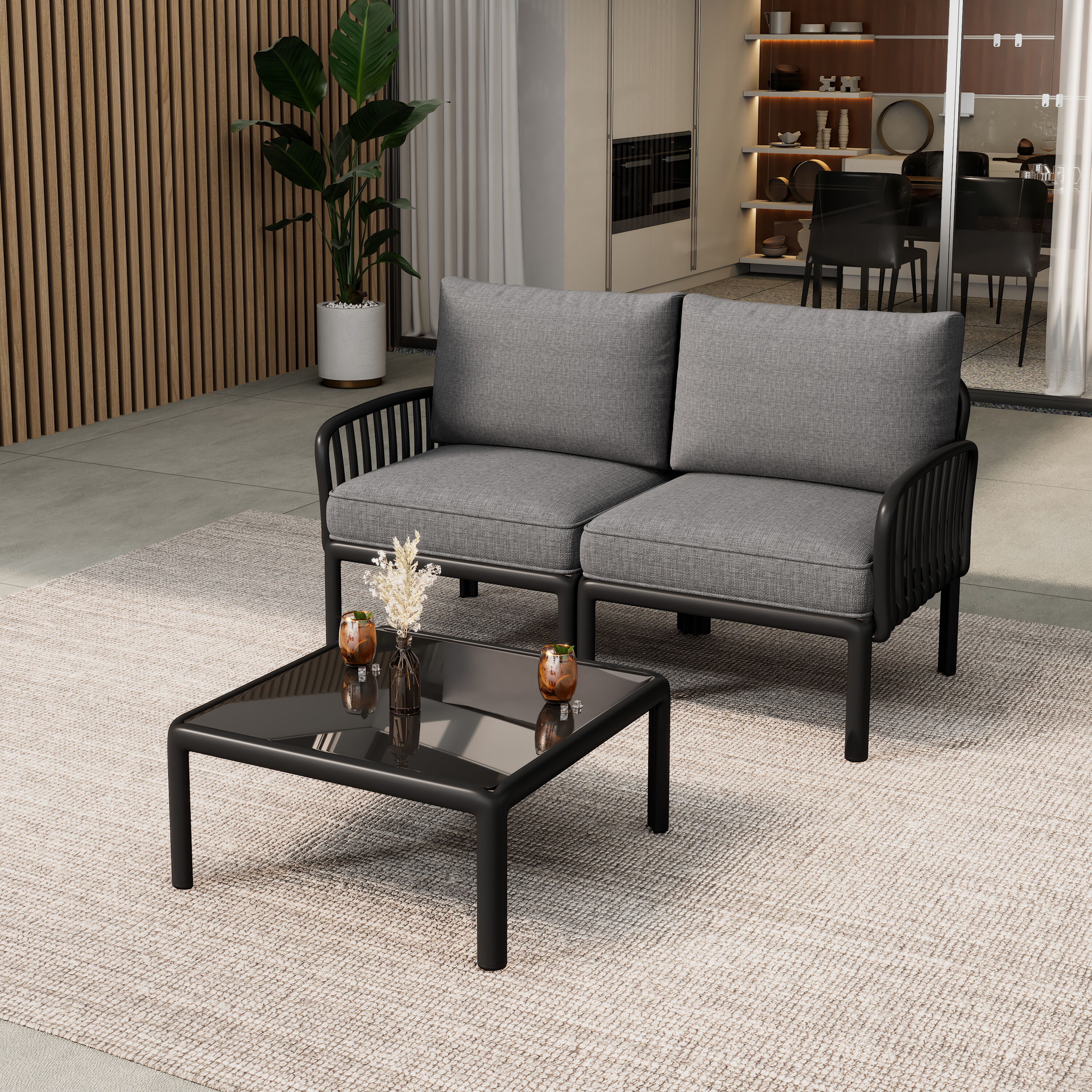 Christopher Knight Home 324511 Afra 3 Piece Modern Patio Conversation Set with Waterproof Cushions-Black+Dark Gray