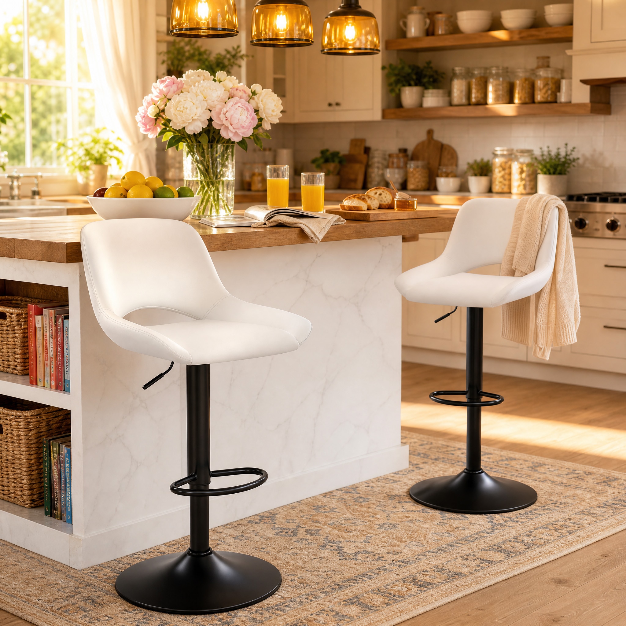 Qualler -  Set of 2 Modern Swivel Adjustable PU Leather Bar Stools with Footrest - White