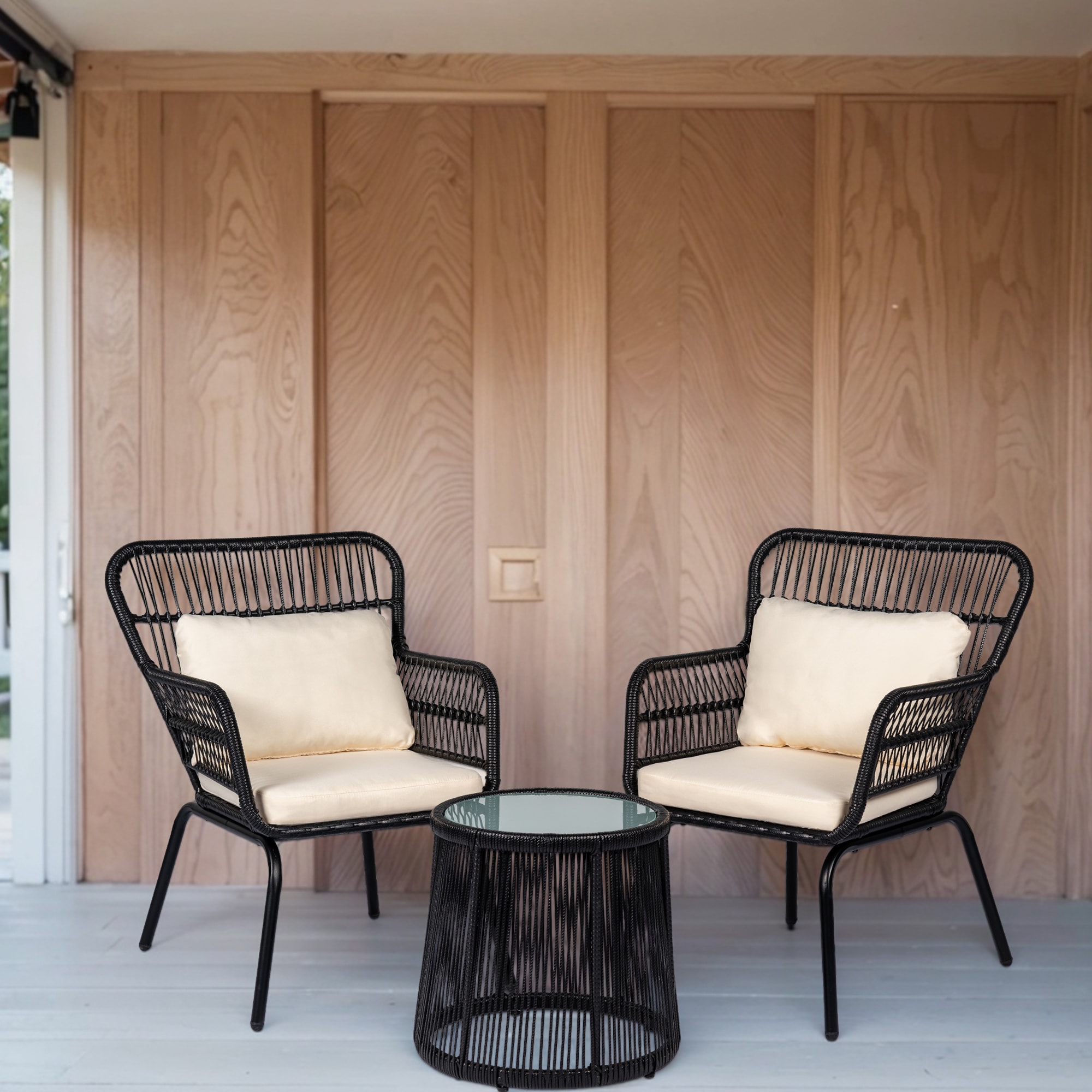 Grearden HZNF020BLK-BG 3 -Piece Rattan Patio Conversation Set with Off-white Cushions