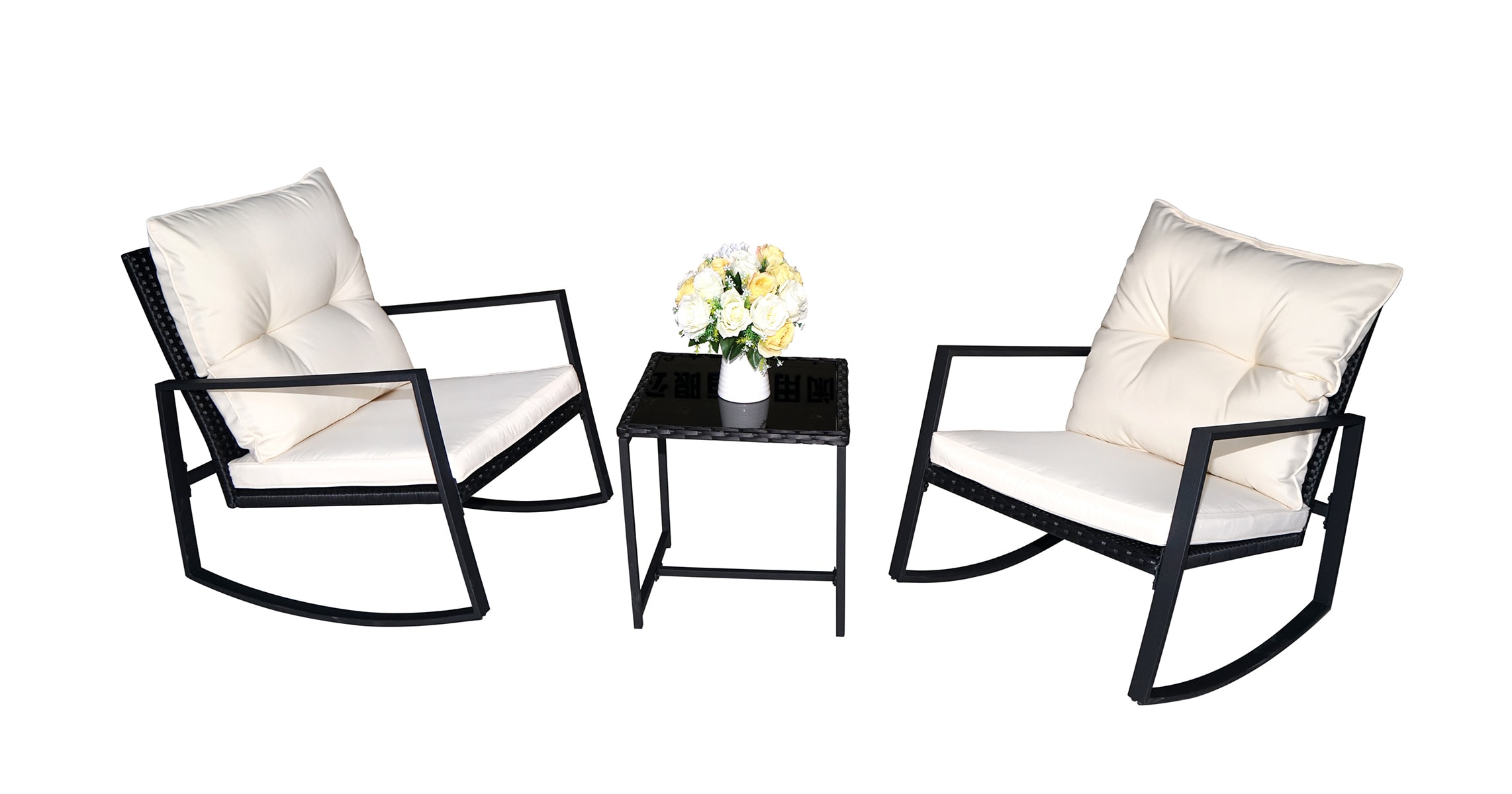 Kozyard KZWMBRW Patio Conversation Sets 3 -Piece Patio Conversation Set with White Cushions