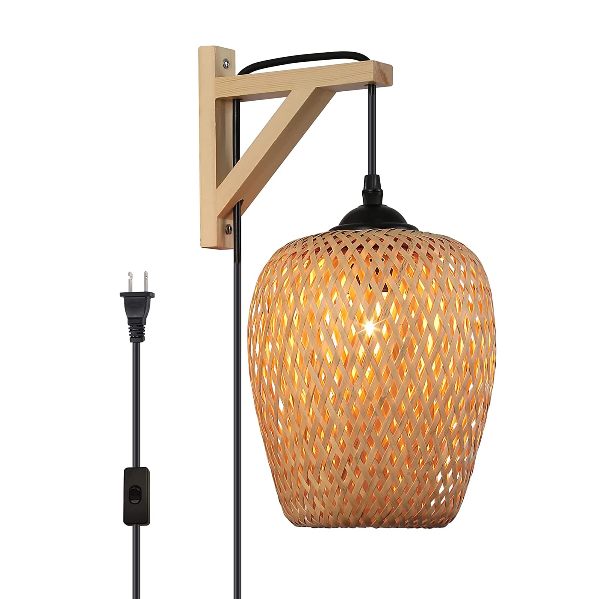 SUNLLOK wood rattan wall lamp 8.7-in W 1-Light Rattan Industrial Wall ...