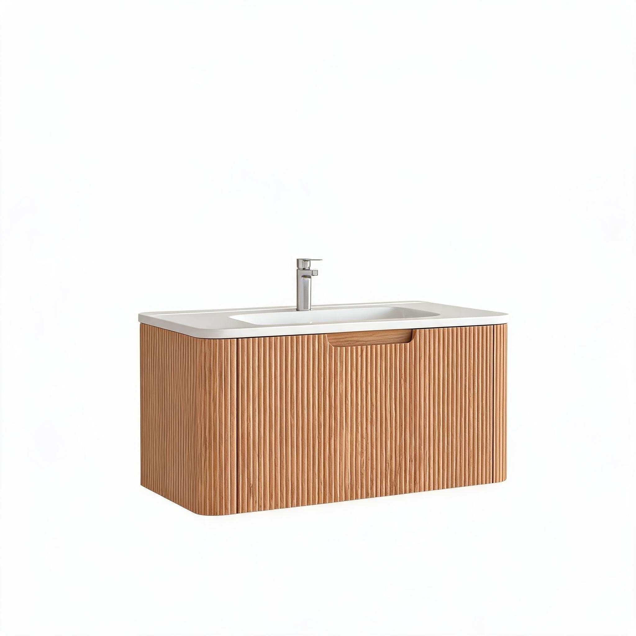 LIVACA 30 inch Natural Walnut Solid Wood Wall-Mounted Floating Bathroom Vanity with White Ceramic Basin and Soft-Close Drawer