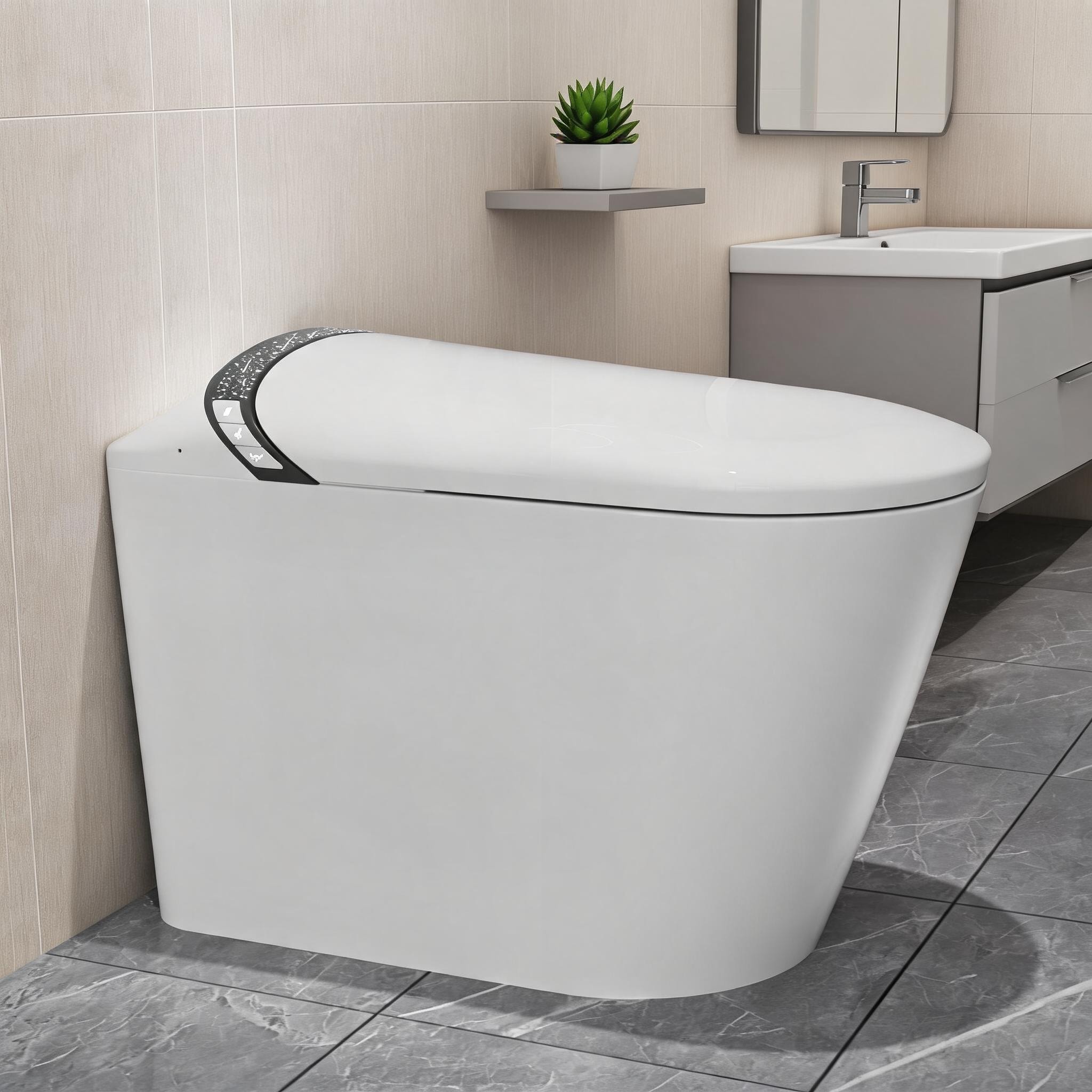 Naturefalls - Elongated Porcelain Smart Toilet with Integrated Bidet Auto Open/Close Lid Foot Sen...