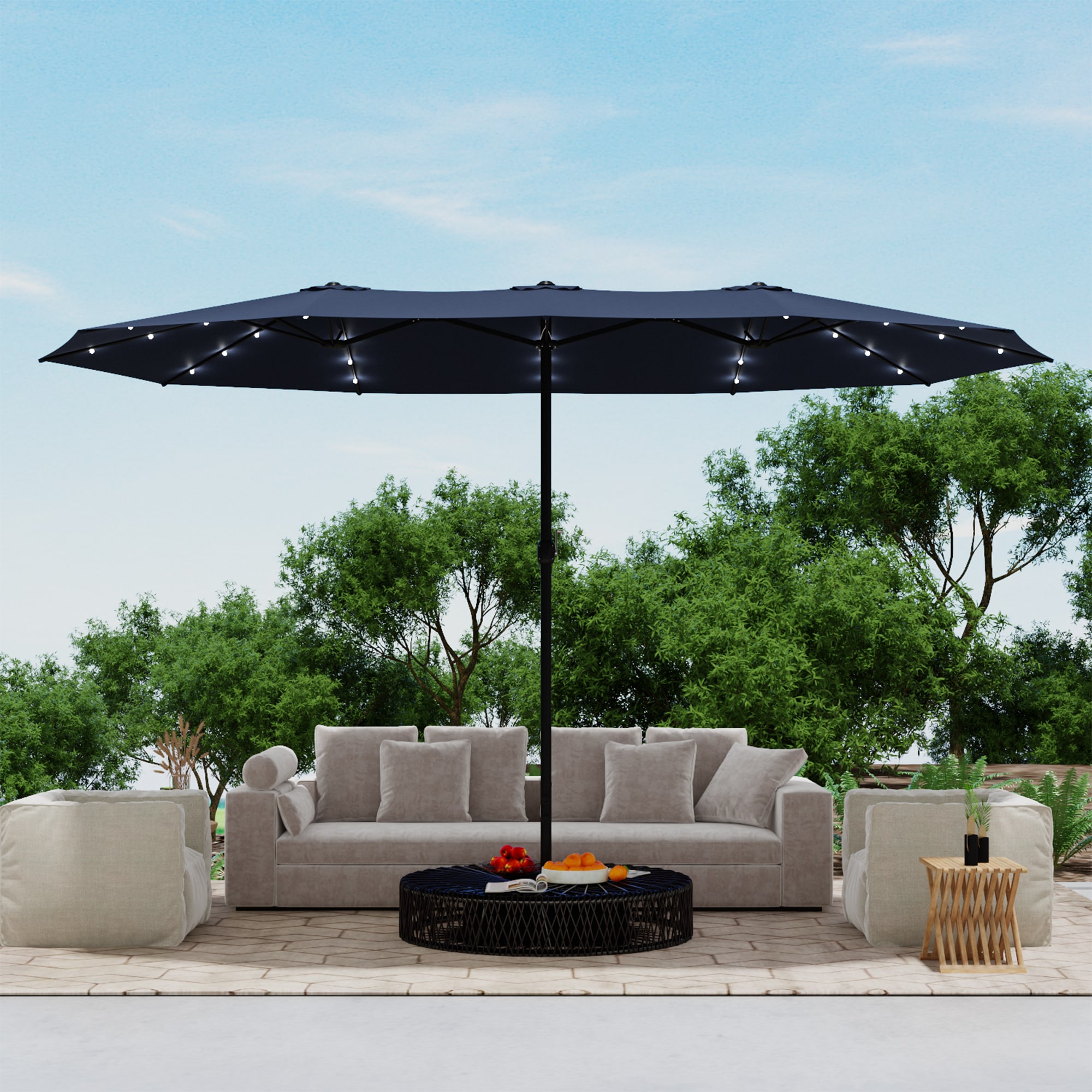 Homsee C-KF510010-03  15ft Double Sided Patio Umbrella with Solar Lights and Sandbag Base in Tibetan Blue 15ft L x 9ft W x 7.8ft H