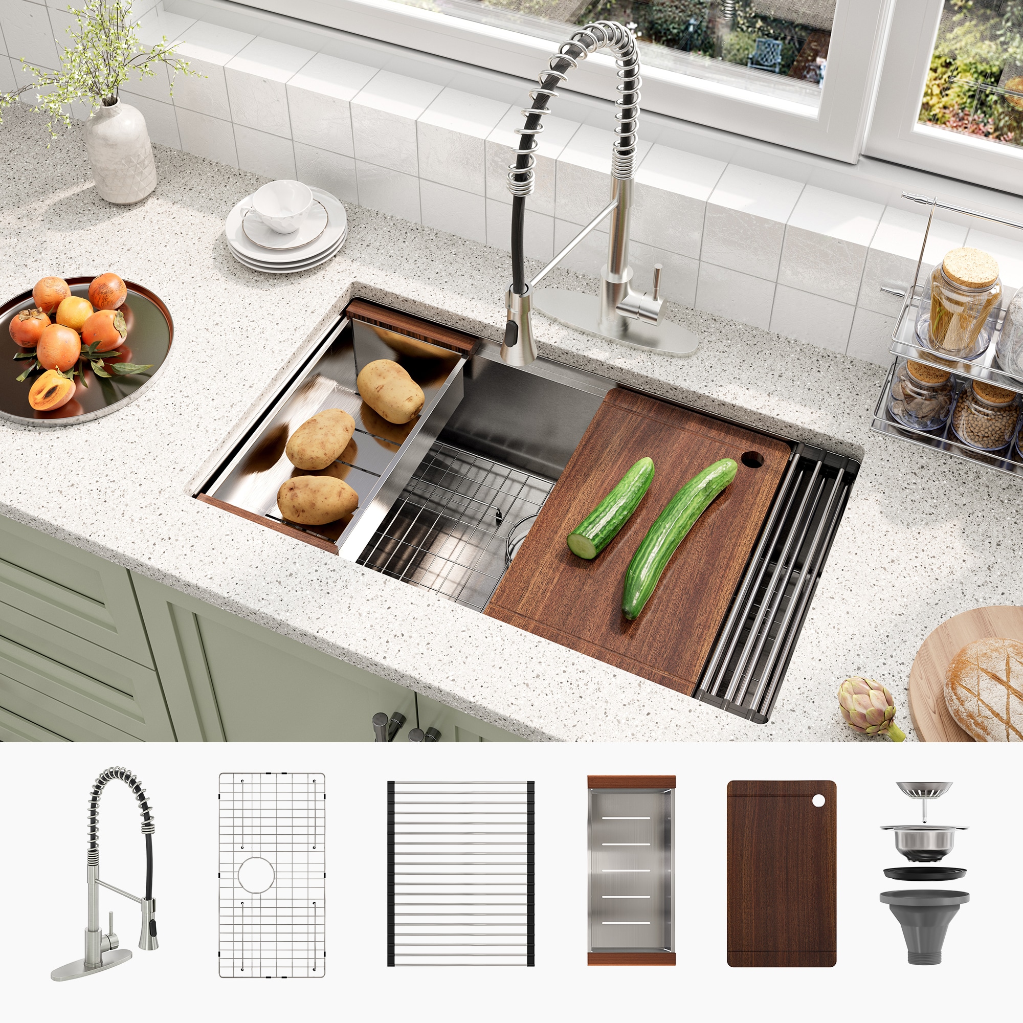 CASAINC CAKE07013U32N75 Undermount 32-in x 19-in Stainless steel Single bowl 18 -Gauge Workstation Kitchen Sink All-in-One Kit with Drainboard