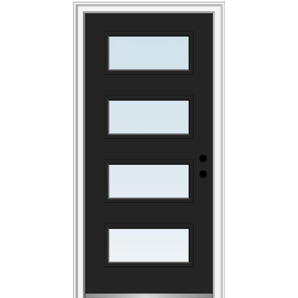 MMI DOOR ZZ348297L Spotlights 32-in x 80-in x 6-9/16-in Fiberglass Pulse lite Left-hand inswing Black Painted Prehung Front Door with Brickmould Insulating core