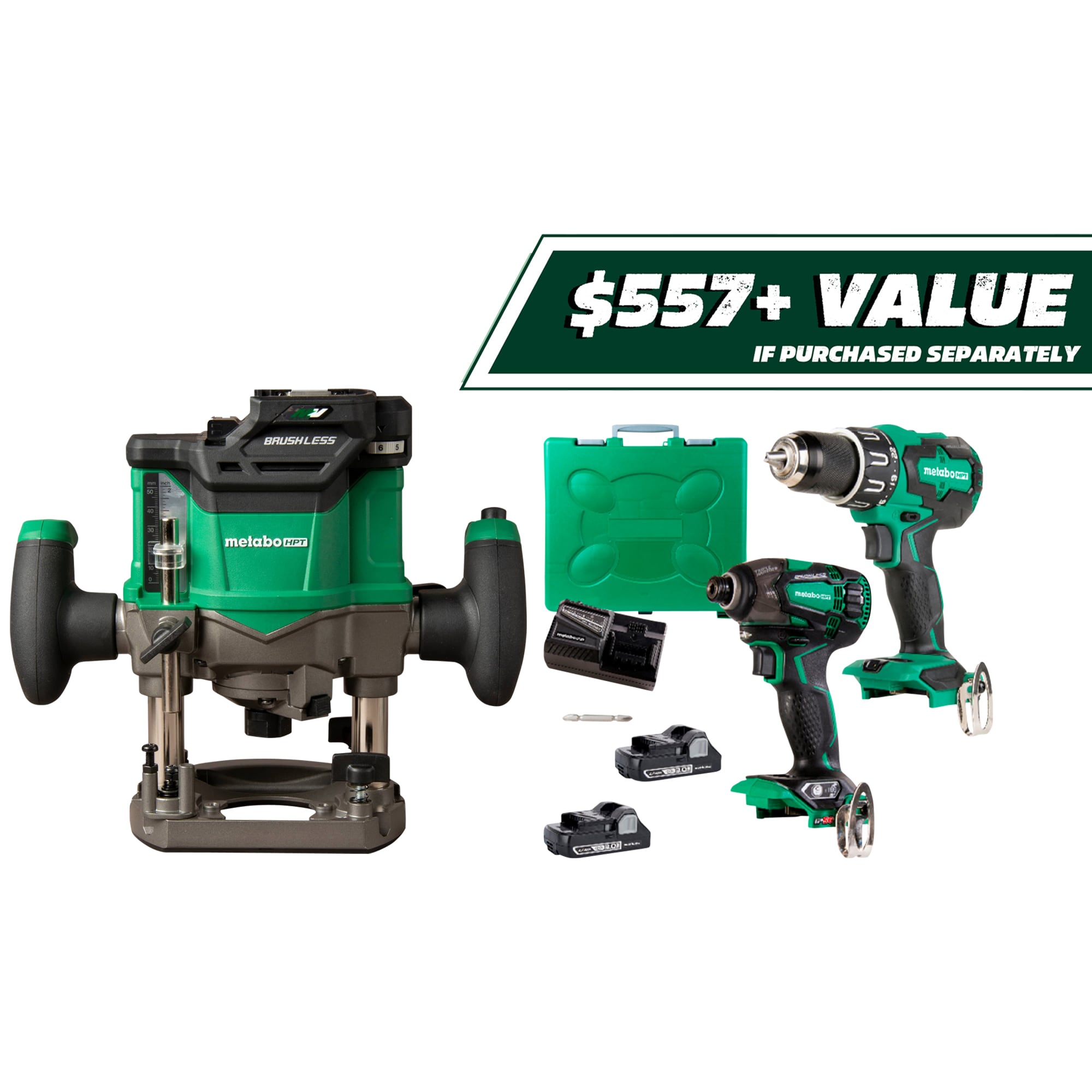 Metabo HPT Multi-Volt 1/4-in and 1/2-in 2-HP Plunge Router with 18V Triple Hammer + Hammer Drill Kit