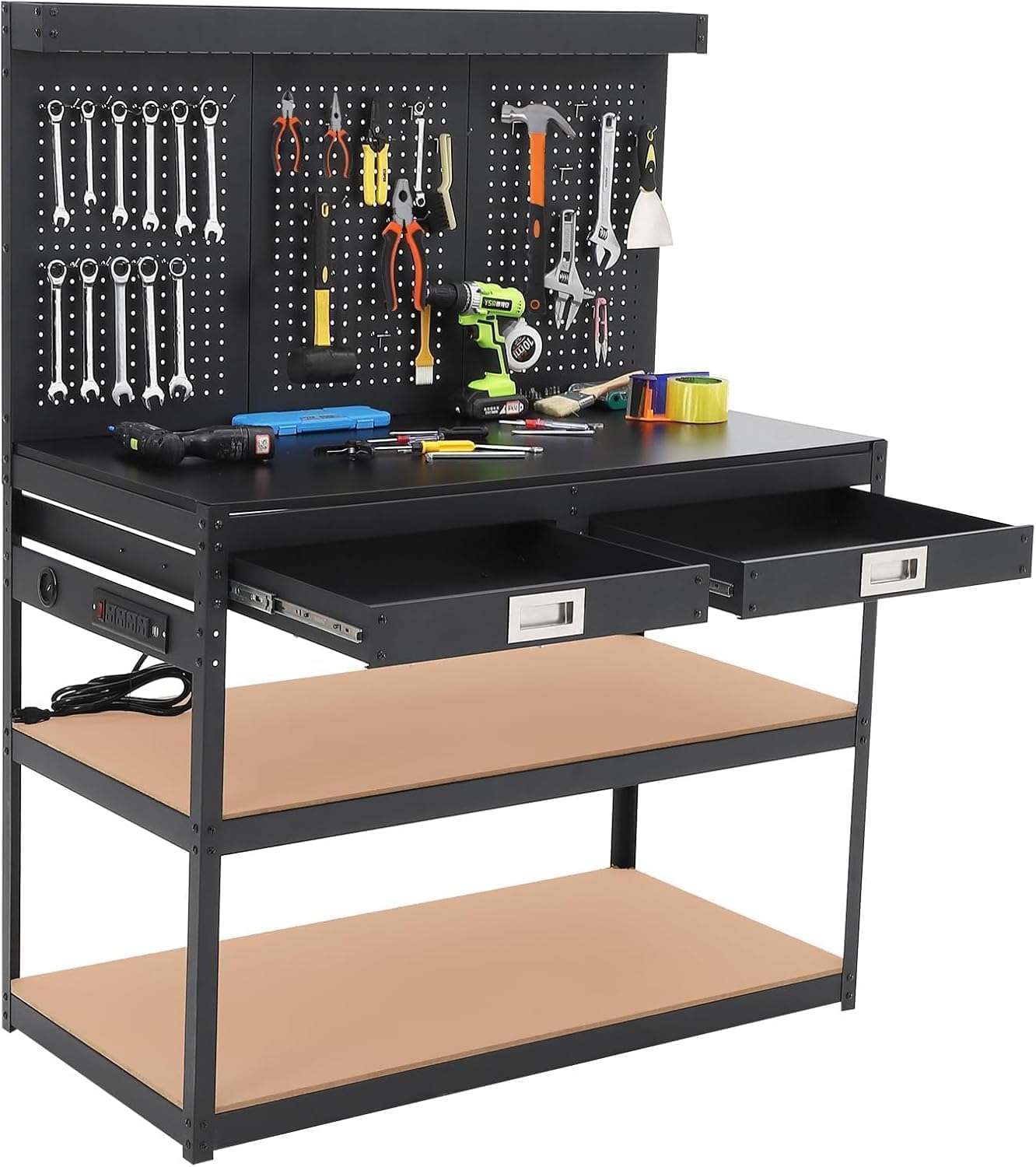 GAOMON Cold Rolled Steel and MDF Three Tier Rolling Garage Workbench with Rear Back Panel Heavy Duty Workshop Storage Work Table for Household Warehouse Use- Black